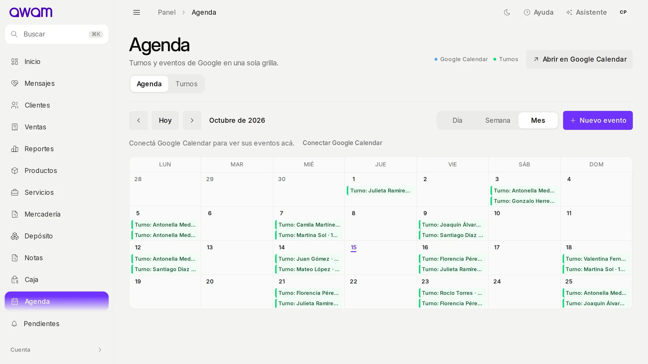 Agenda del comercio con turnos de la semana