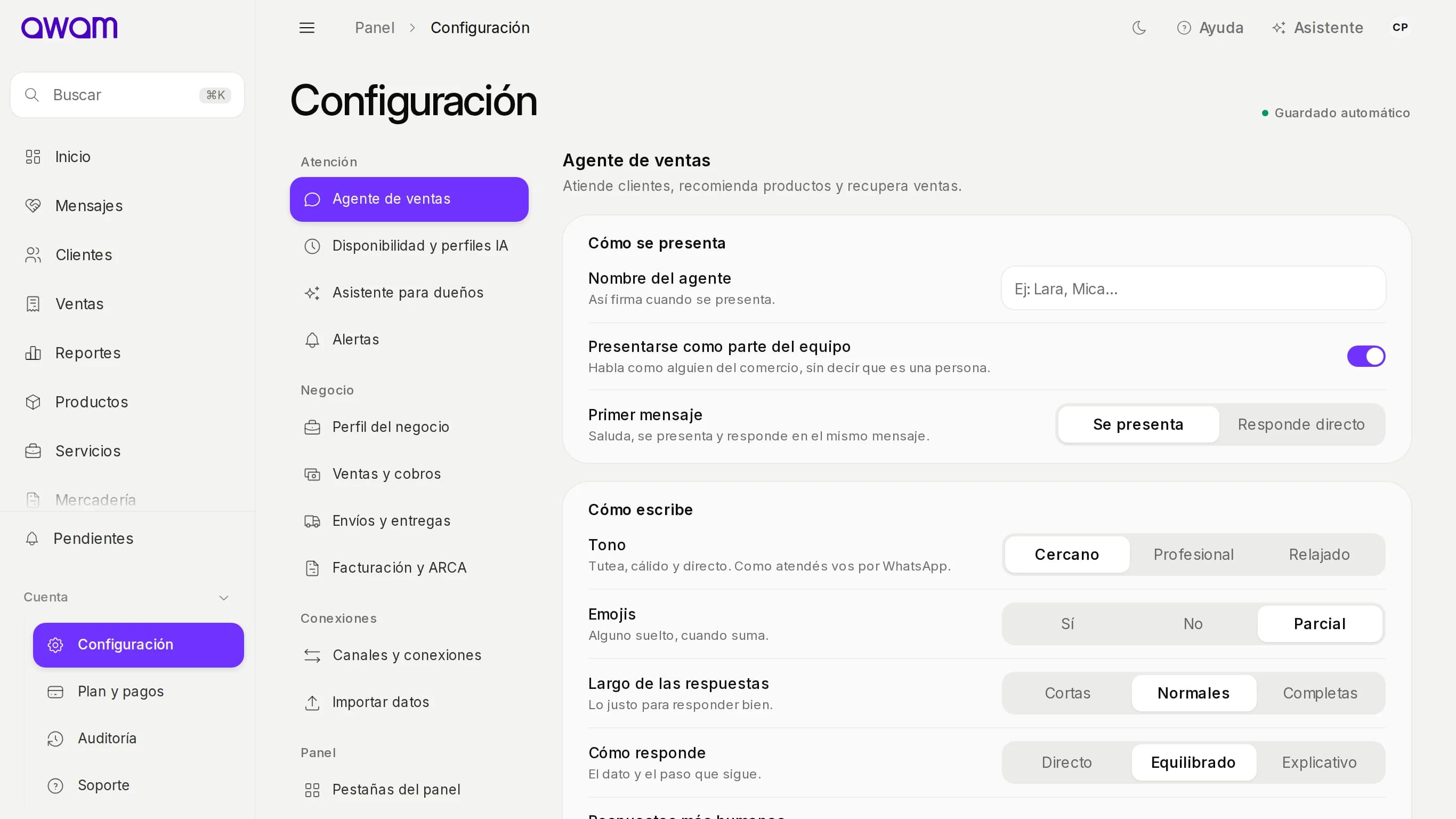 Configuración › Agente de ventas