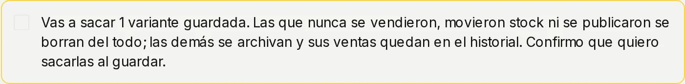 Aviso Vas a sacar 1 variante guardada con la casilla Confirmo que quiero sacarlas al guardar