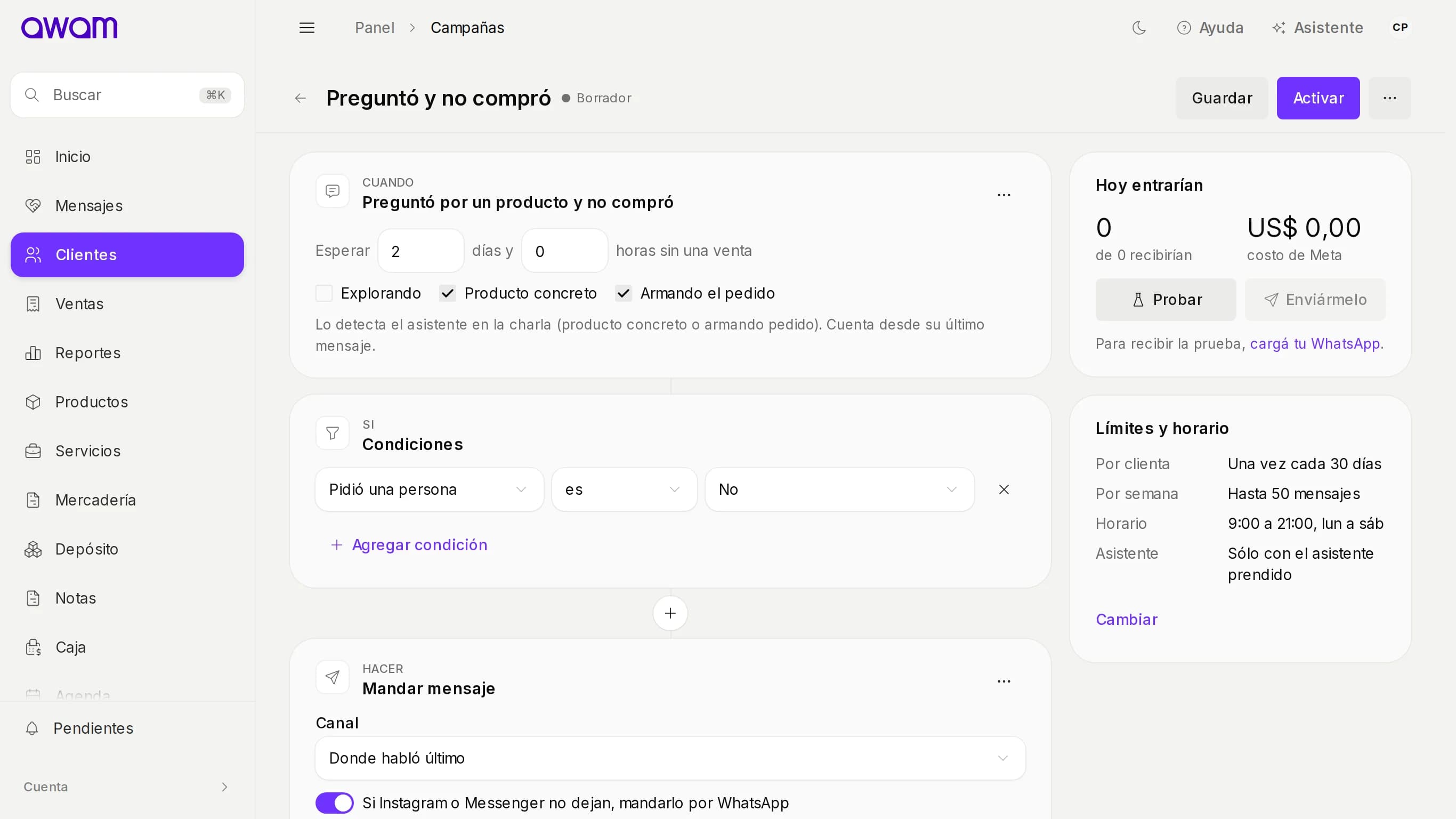 Editor de una automatización creada desde la receta Preguntó y no compró
