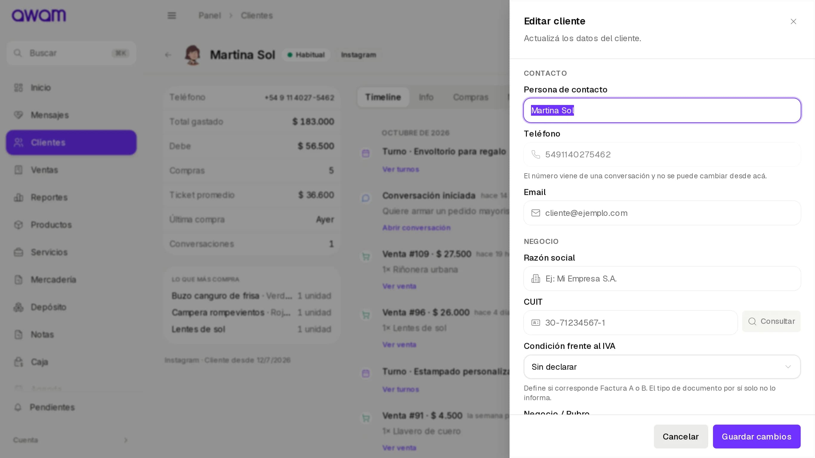 Formulario Editar cliente con Contacto, Negocio y Preferencias