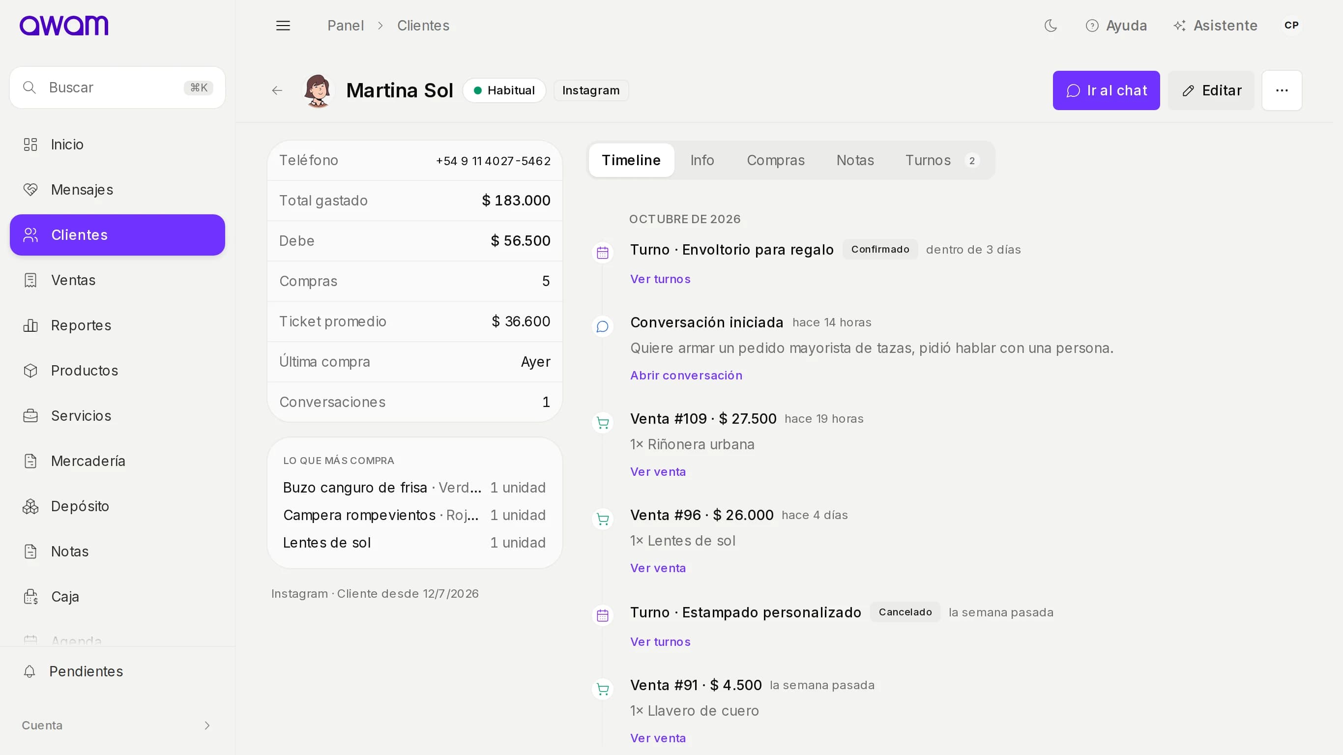 Ficha de Martina Sol con saldo, compras y timeline de turnos, charlas y ventas