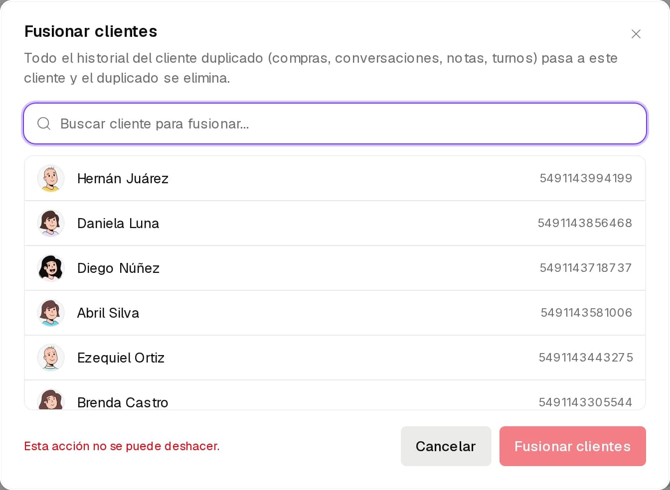 Diálogo Fusionar clientes con el buscador del cliente duplicado