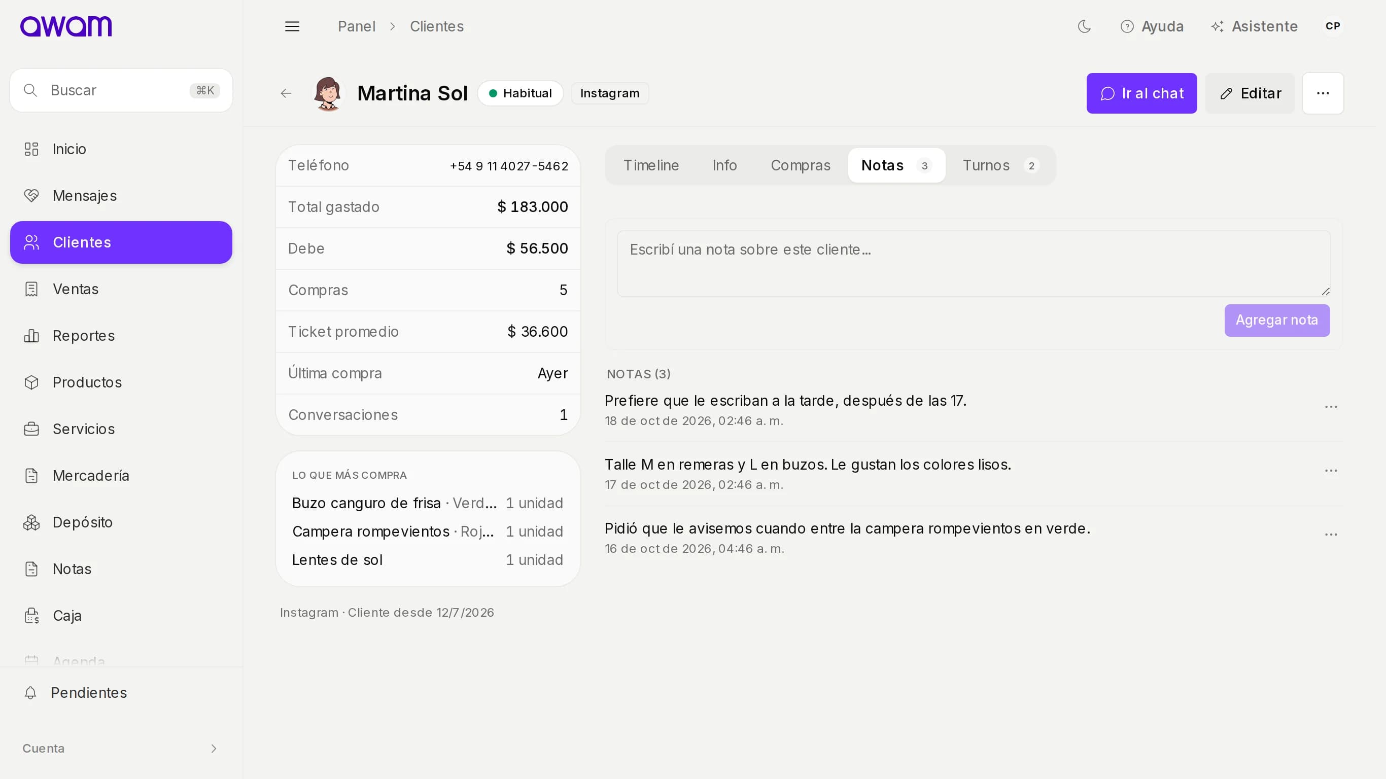 Solapa Notas de la ficha para escribir una nota sobre el cliente