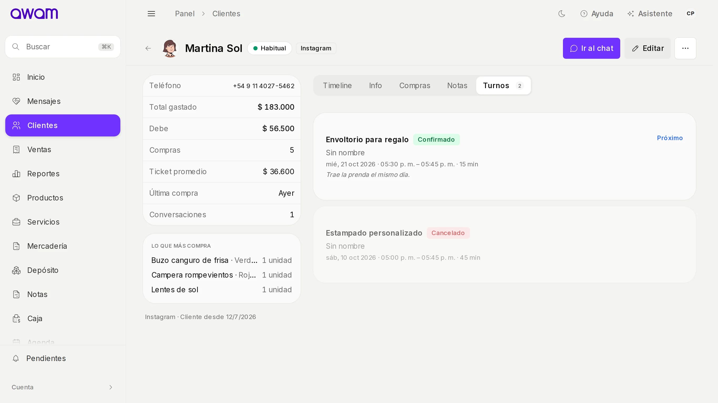 Solapa Turnos de la ficha con los turnos del cliente