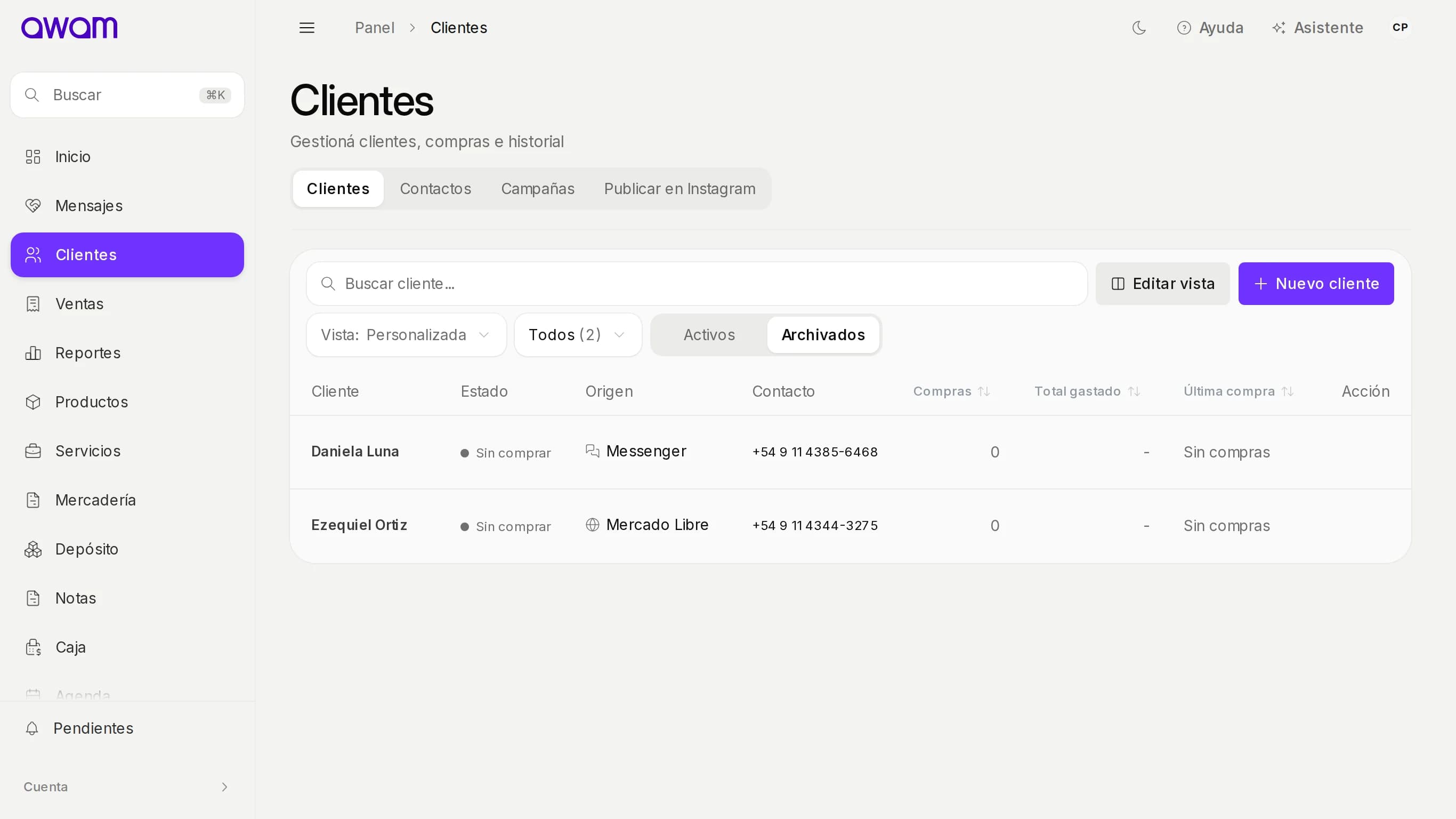 Clientes con Archivados elegido y dos clientes archivados