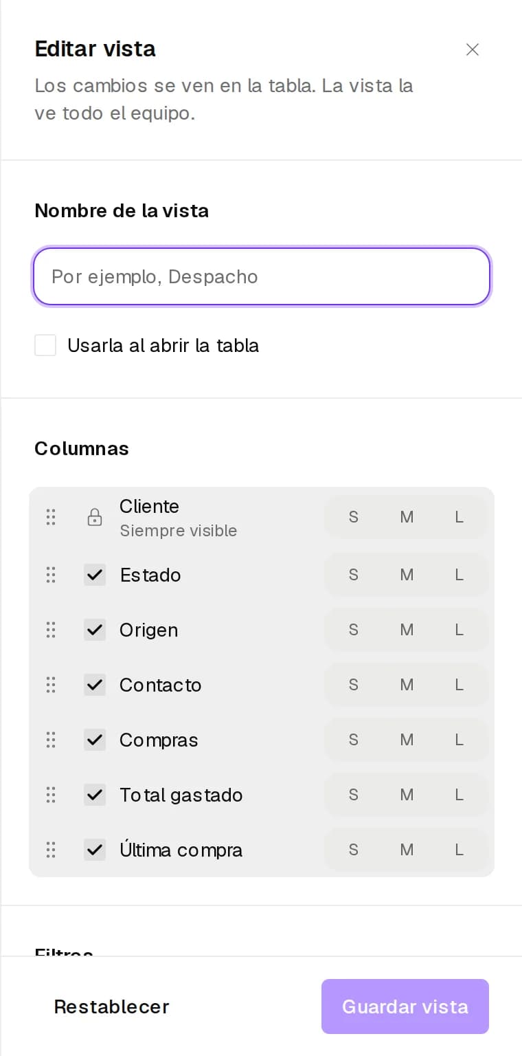 Panel Editar vista de Clientes con nombre, columnas, filtros y orden