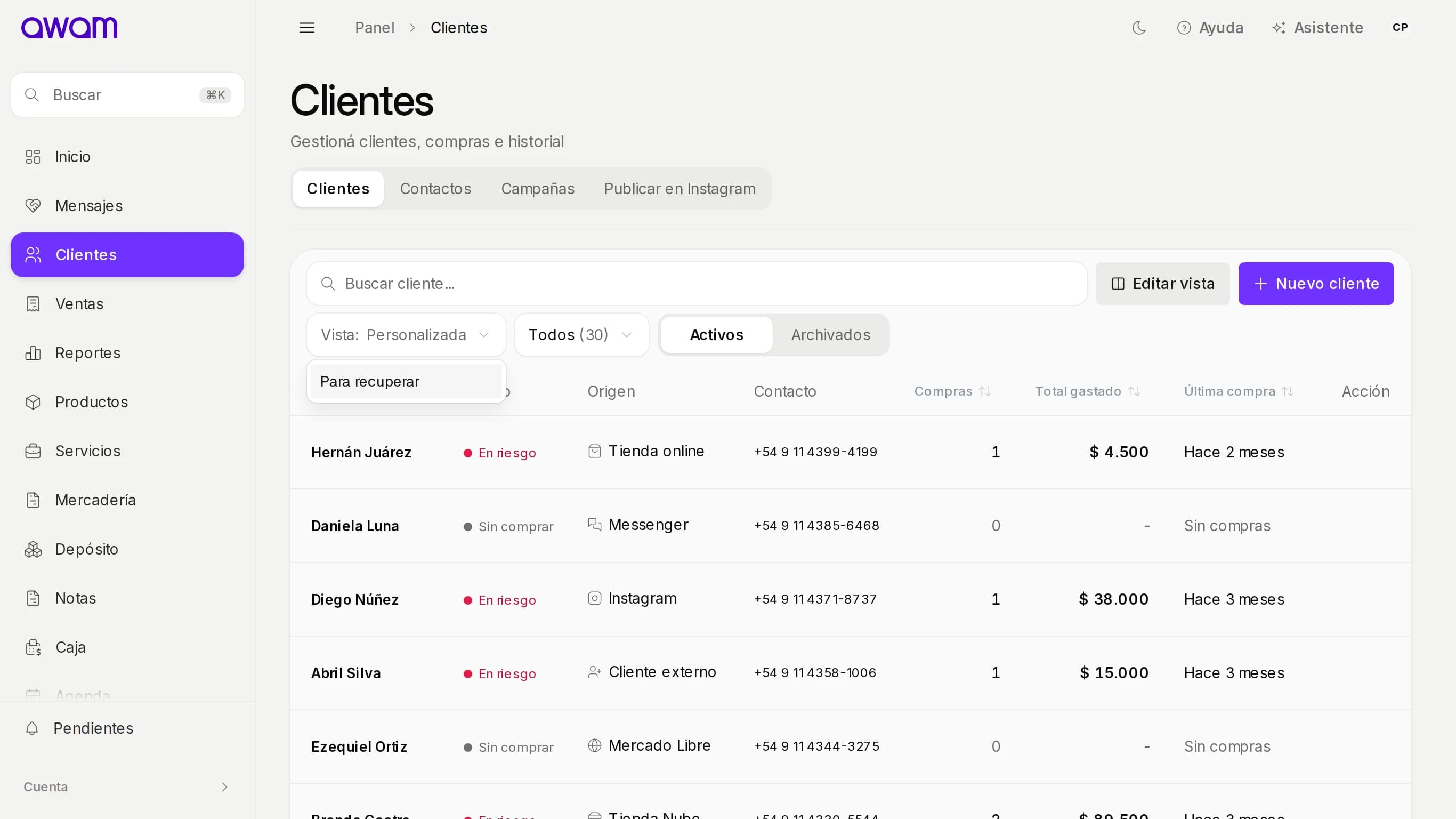 Clientes con el selector Vista y la vista guardada Para recuperar