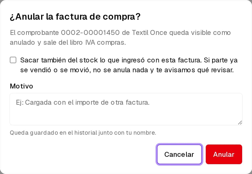 Confirmación para anular una factura con la casilla Sacar también del stock y el motivo