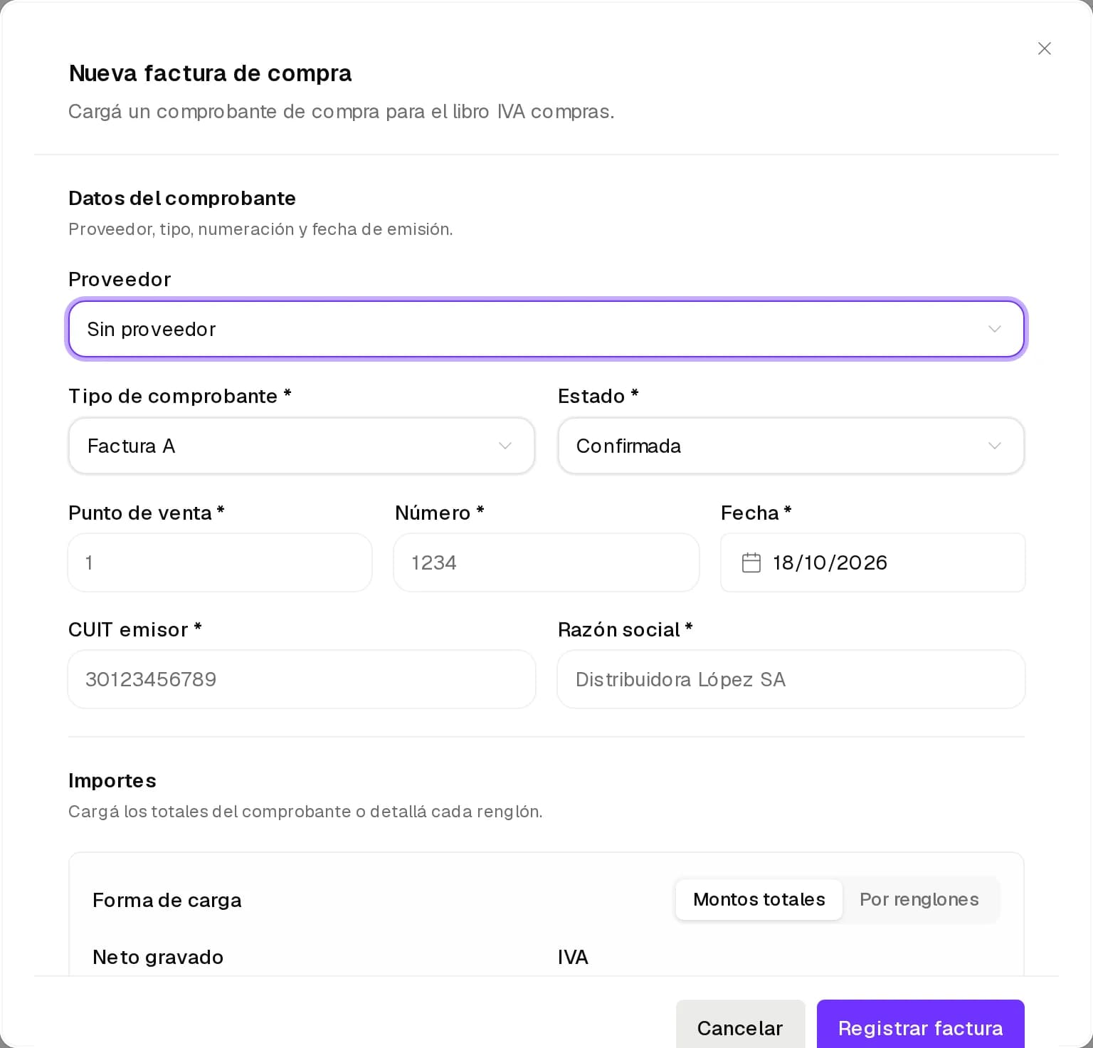 Formulario de carga manual de una factura de compra
