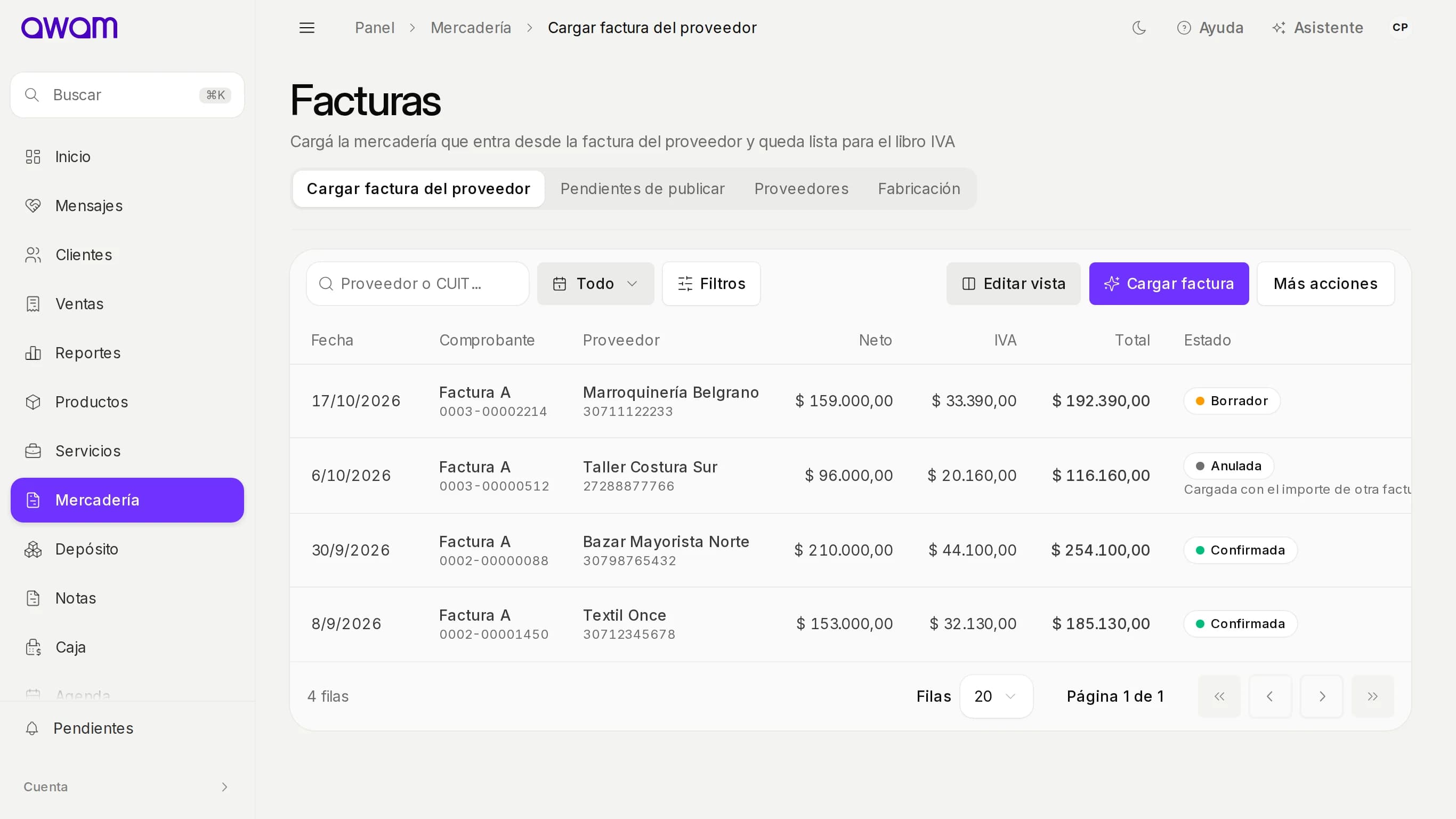 Facturas de proveedores con su comprobante, total y estado Borrador, Confirmada o Anulada