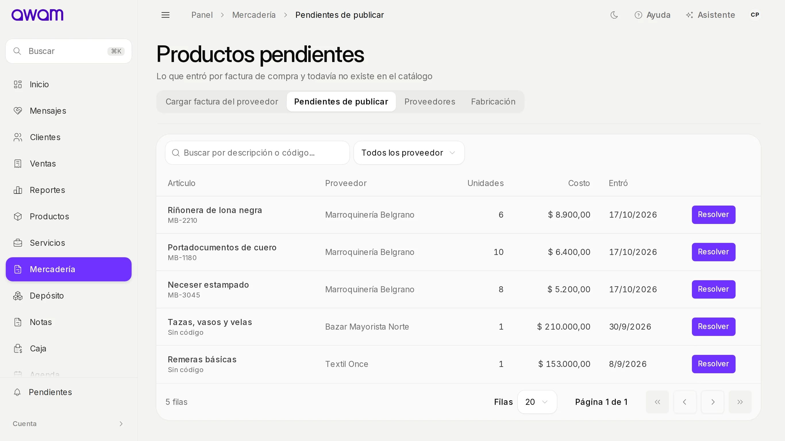 Pendientes de publicar con proveedor, código, unidades y costo de cada artículo