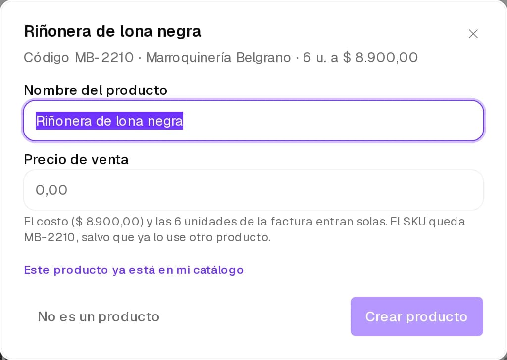 Diálogo para resolver un artículo con Nombre del producto, Precio de venta y Crear producto