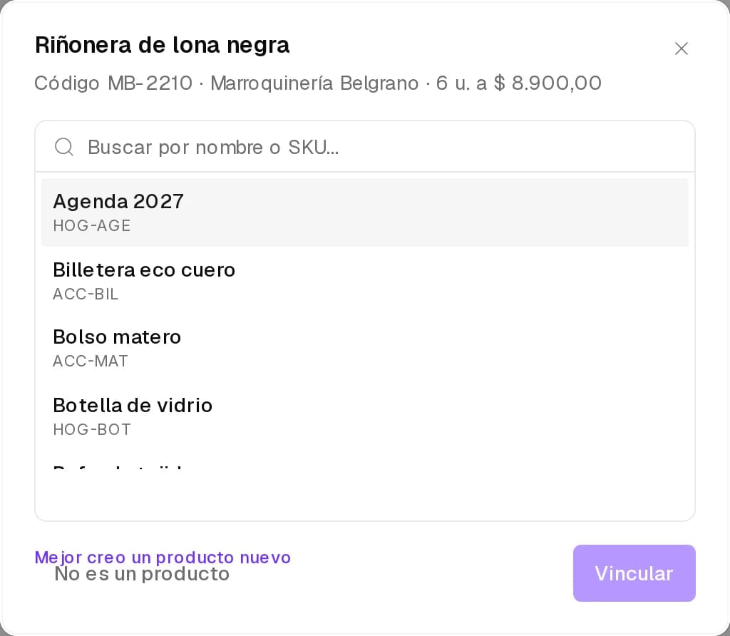 Buscador para vincular el artículo a un producto del catálogo con su variante