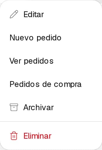 Menú de un proveedor con sus pedidos, Editar, Archivar y Eliminar