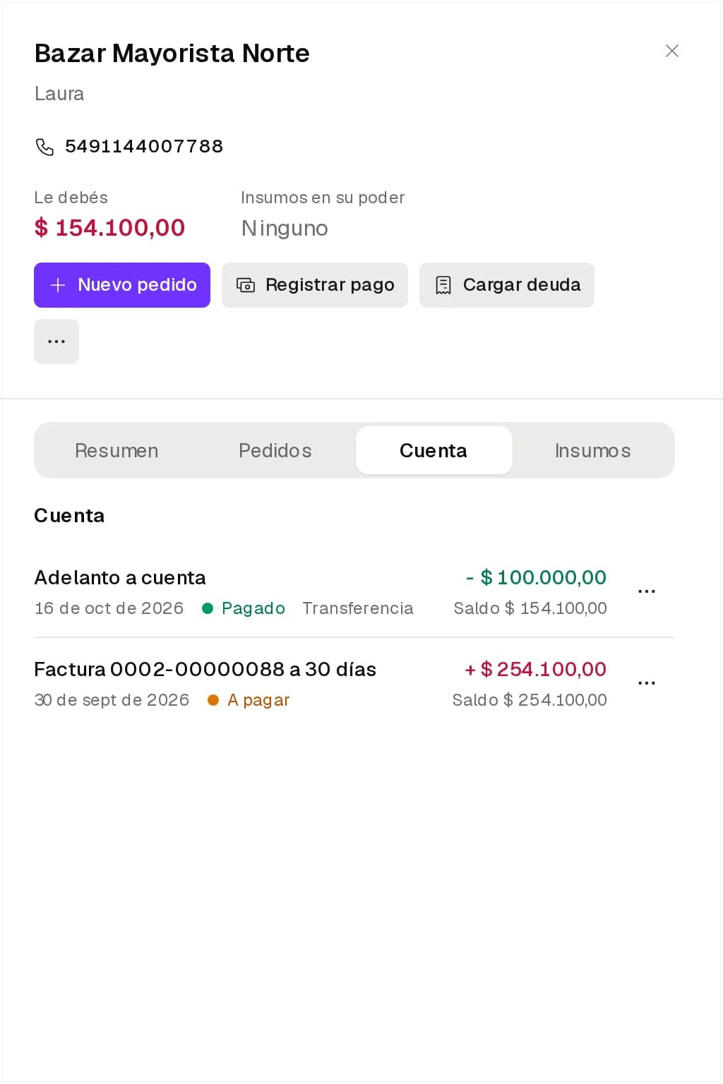 Pestaña Cuenta de Bazar Mayorista Norte con la factura y el pago