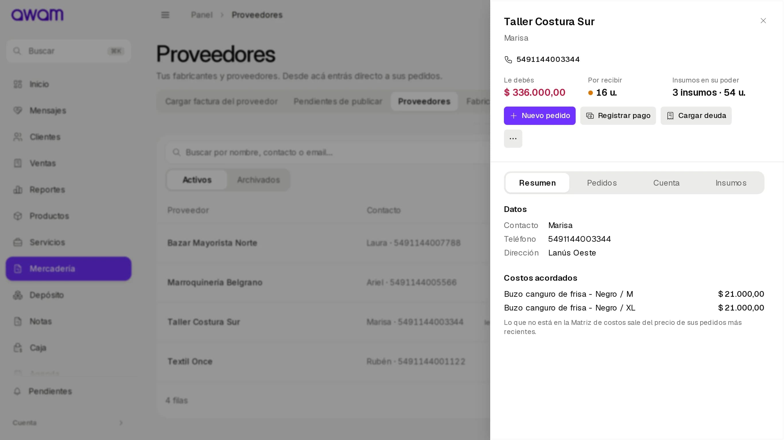 Ficha de Taller Costura Sur con el resumen y las pestañas Resumen, Pedidos, Cuenta e Insumos