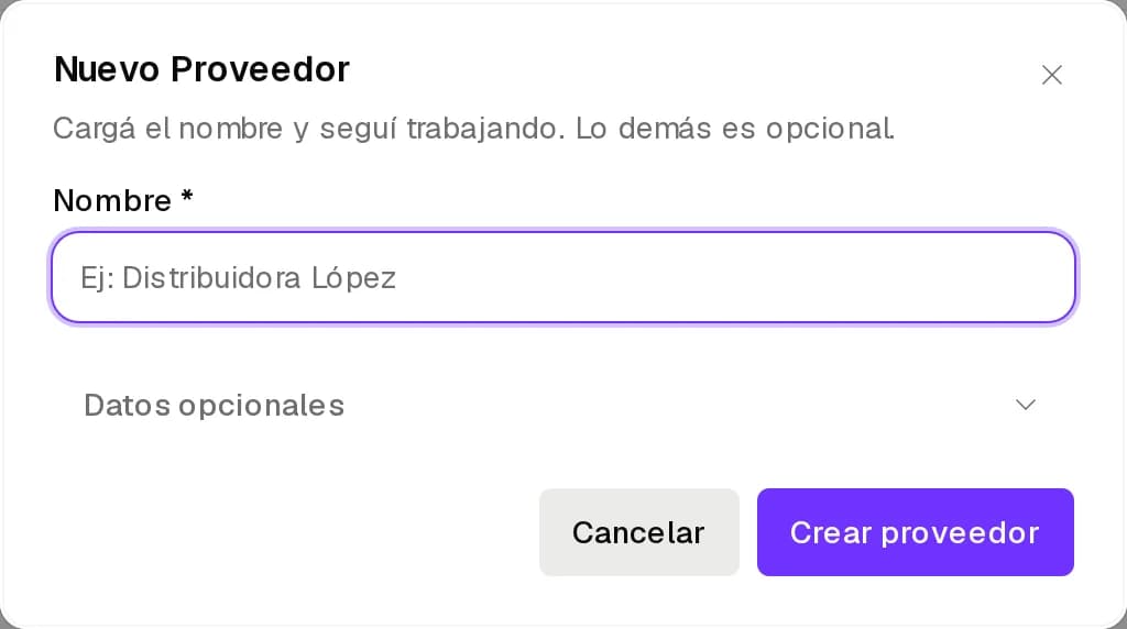 Diálogo Nuevo proveedor con nombre, contacto, teléfono, email, dirección y notas