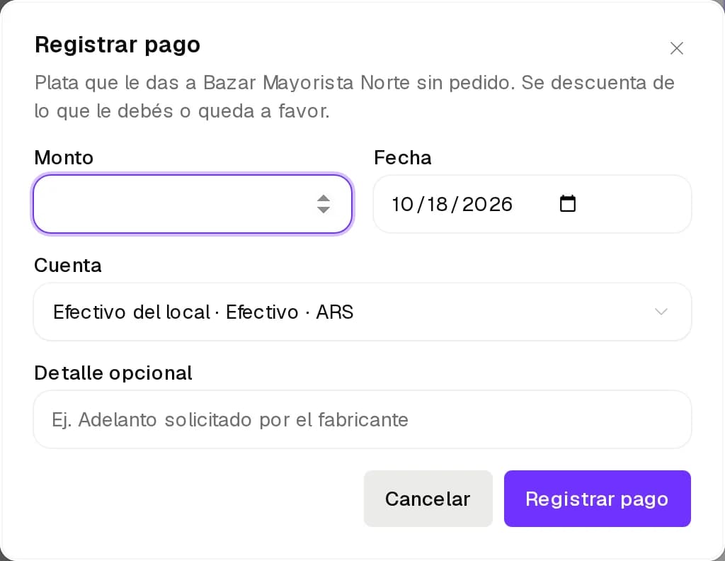 Diálogo Registrar pago a un proveedor