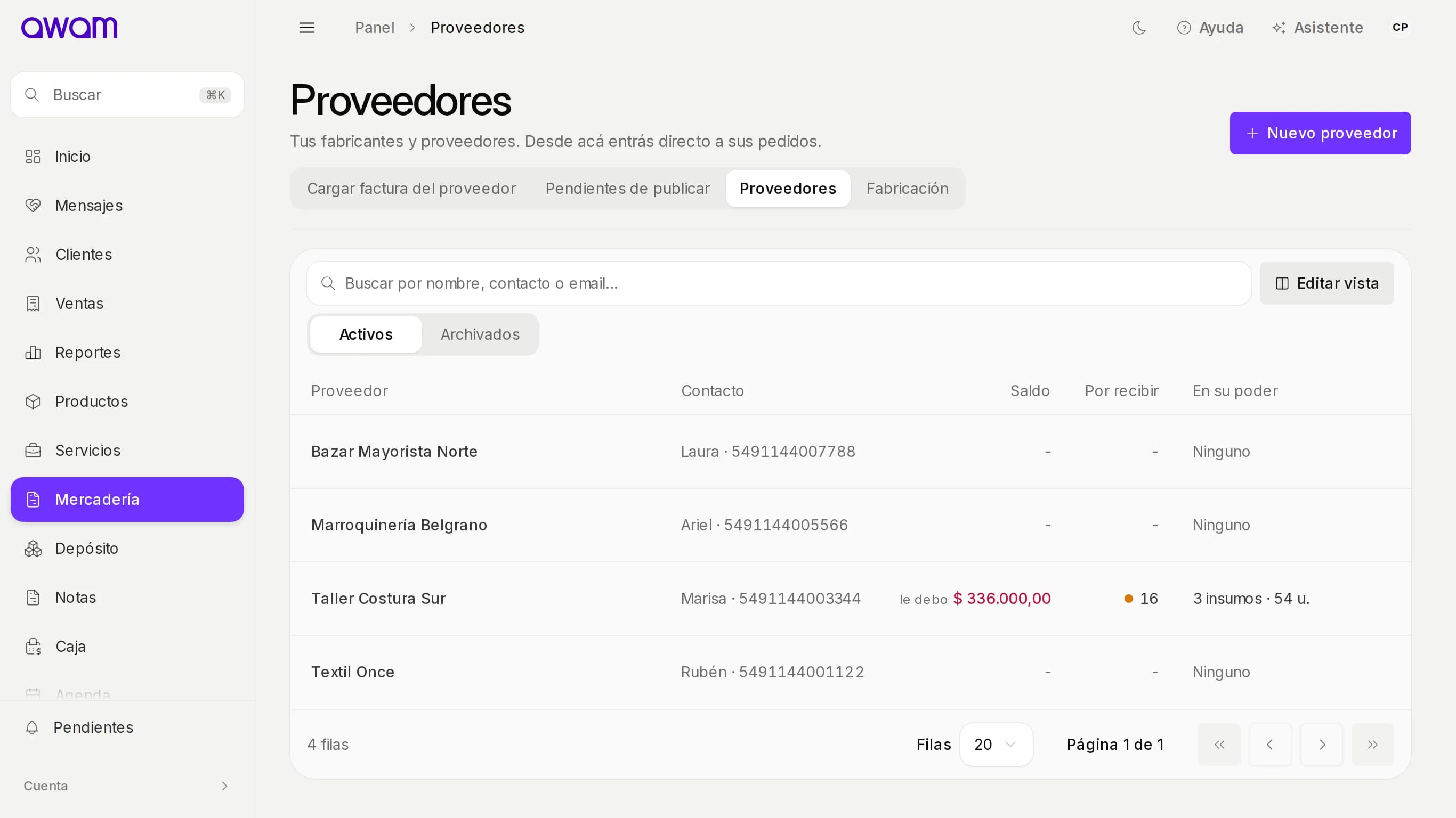 Proveedores con contacto y saldo de cada uno