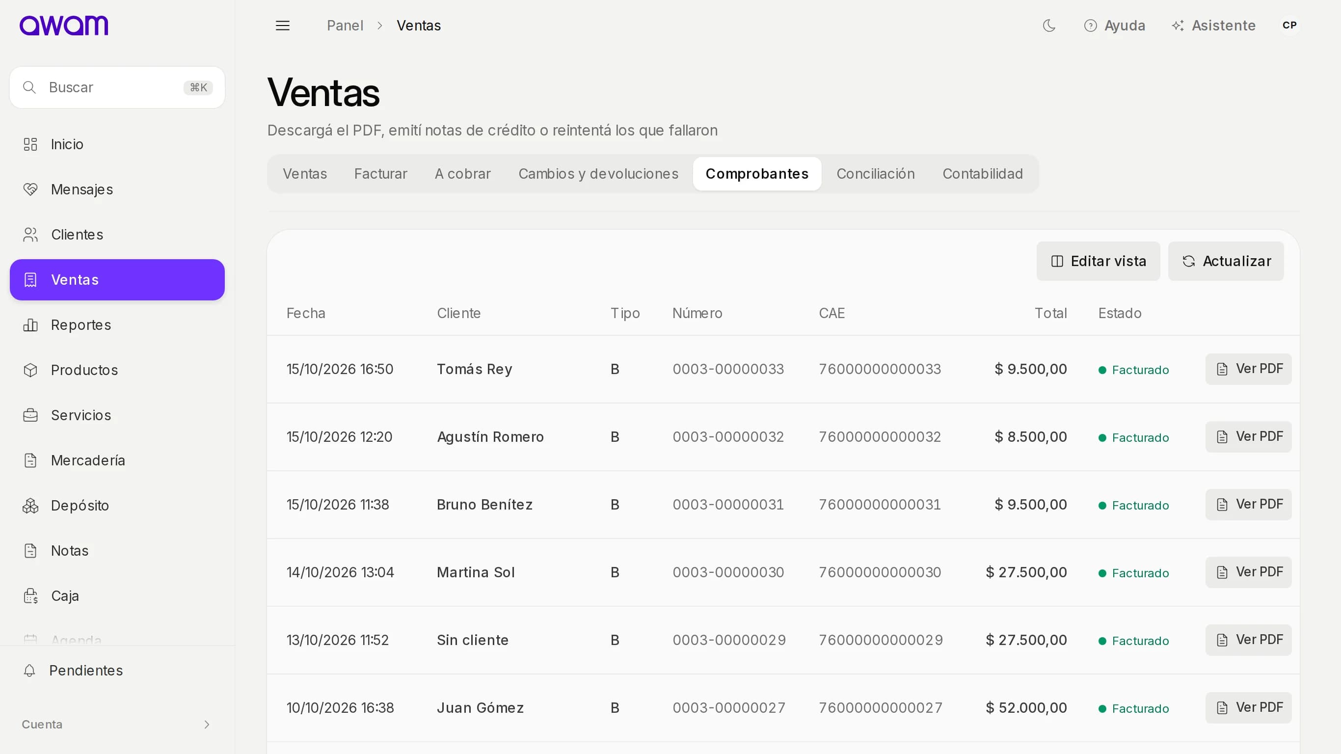 Comprobantes emitidos con número, cliente e importe