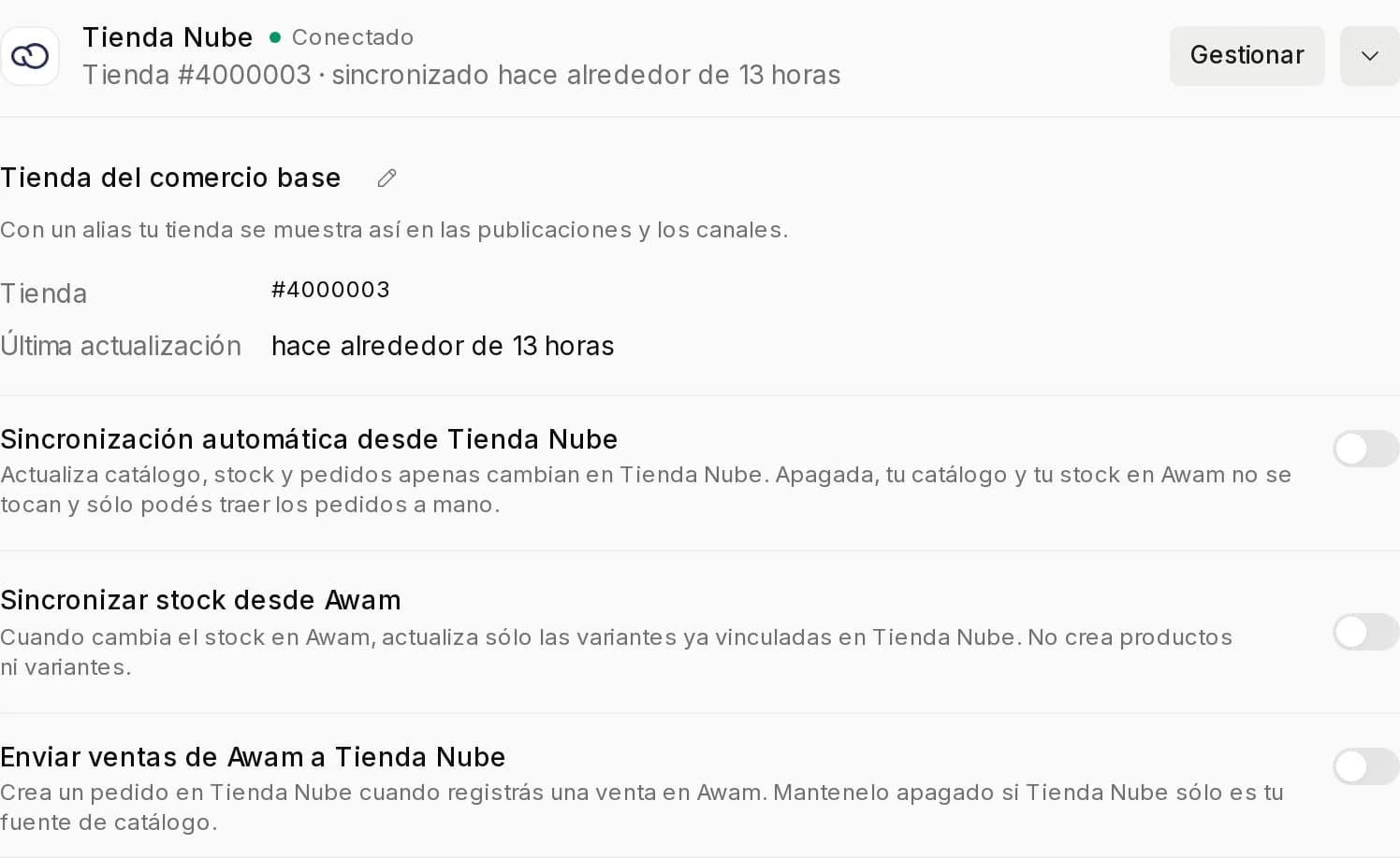 Fila de Tienda Nube abierta con el alias, la tienda, la última actualización y las tres opciones de sincronización