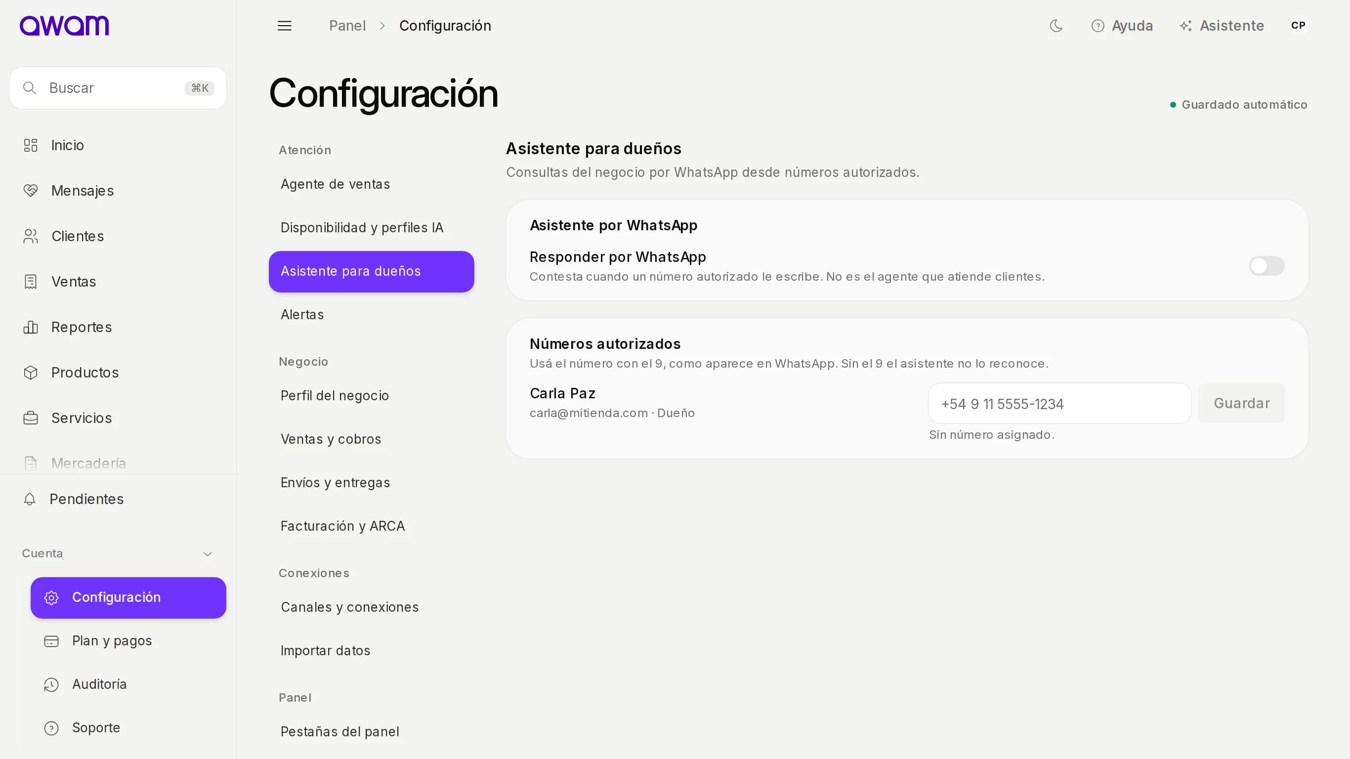 Configuración del asistente para dueños con los números autorizados