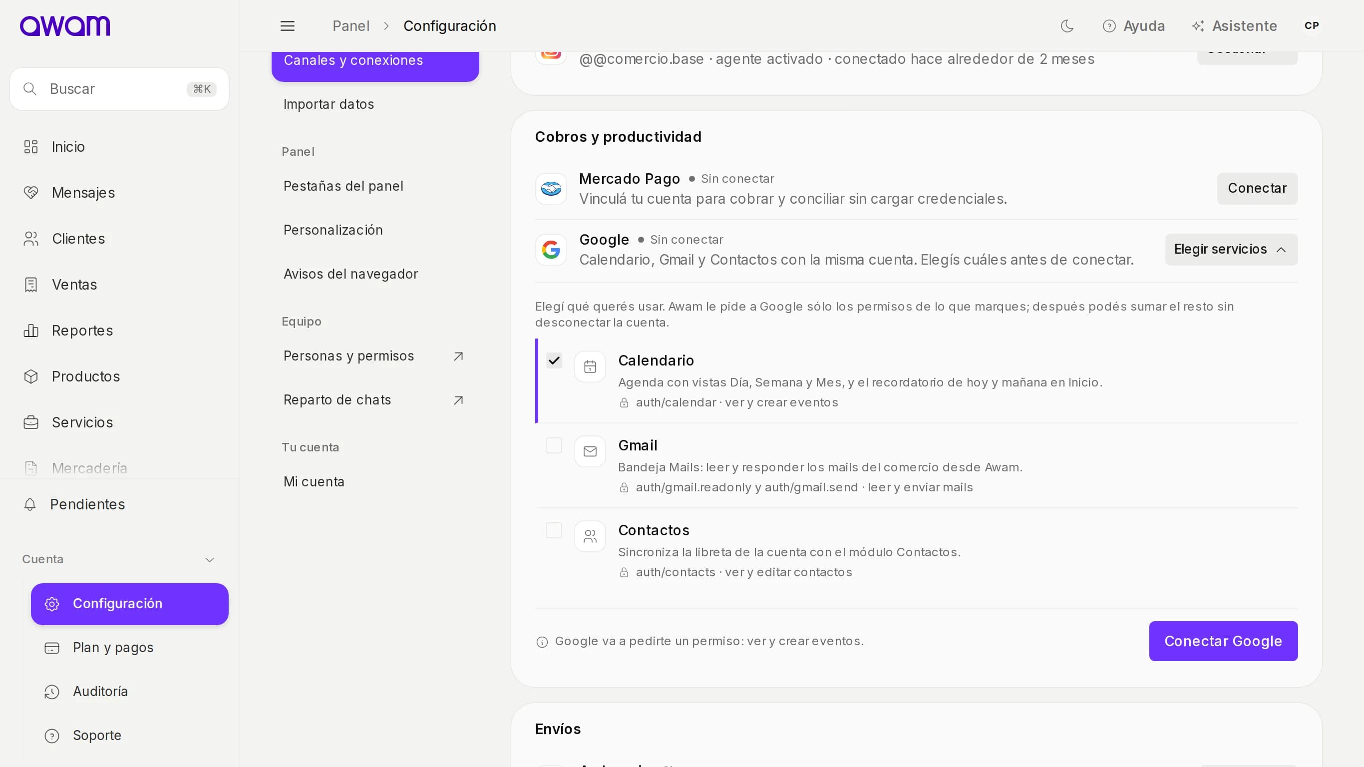 Fila de Google en Canales y conexiones con los tres servicios para elegir