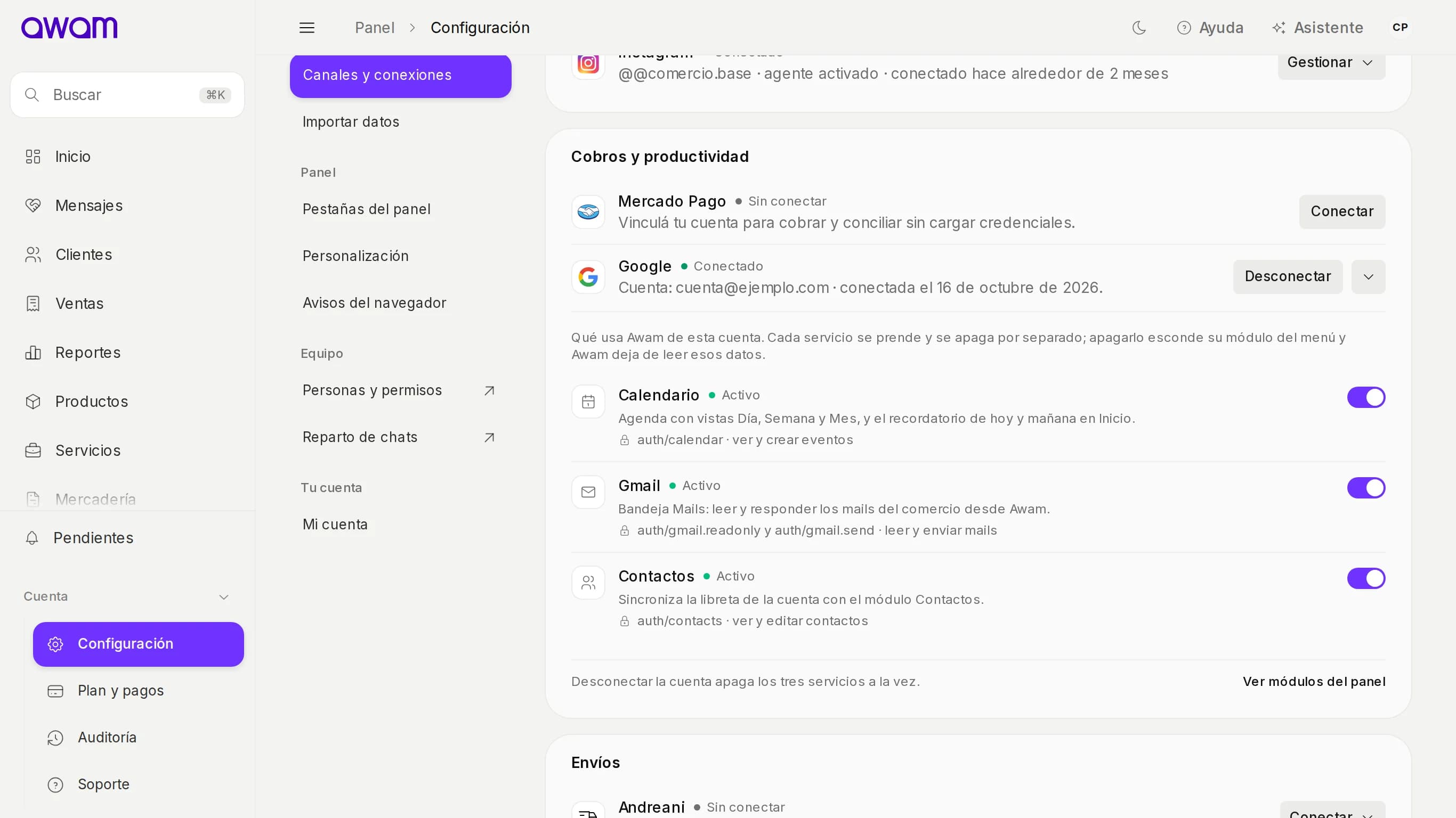Google conectado con Calendario, Gmail y Contactos activos