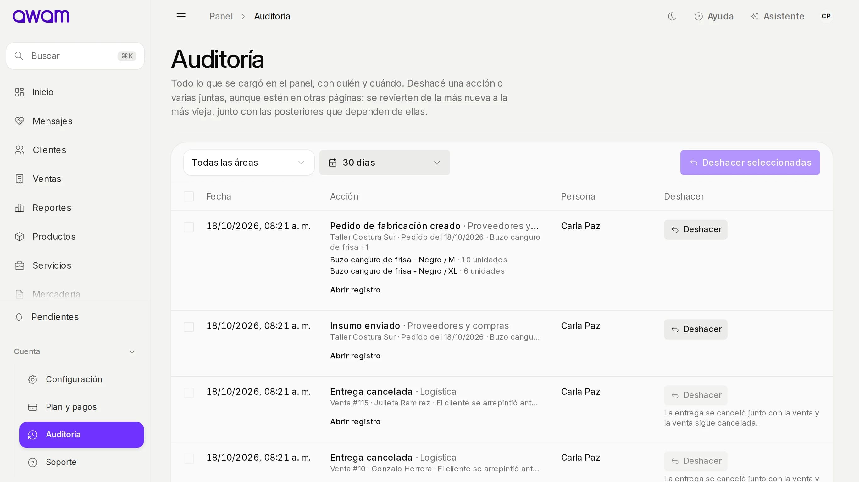 Auditoría con las acciones del equipo