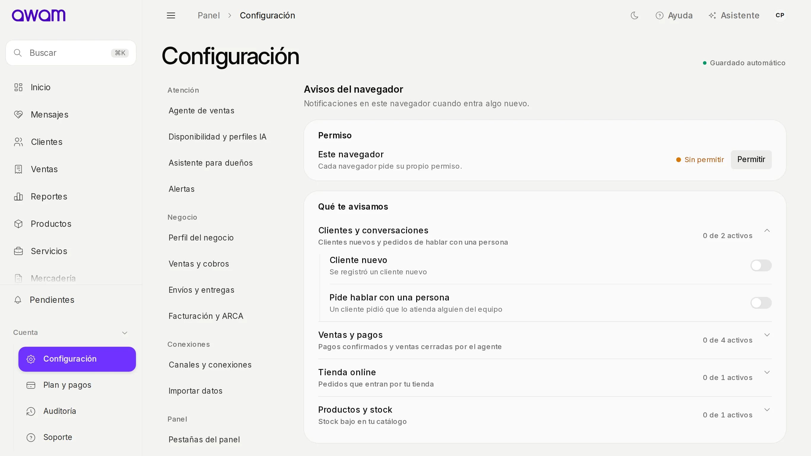 Avisos del navegador en Configuración