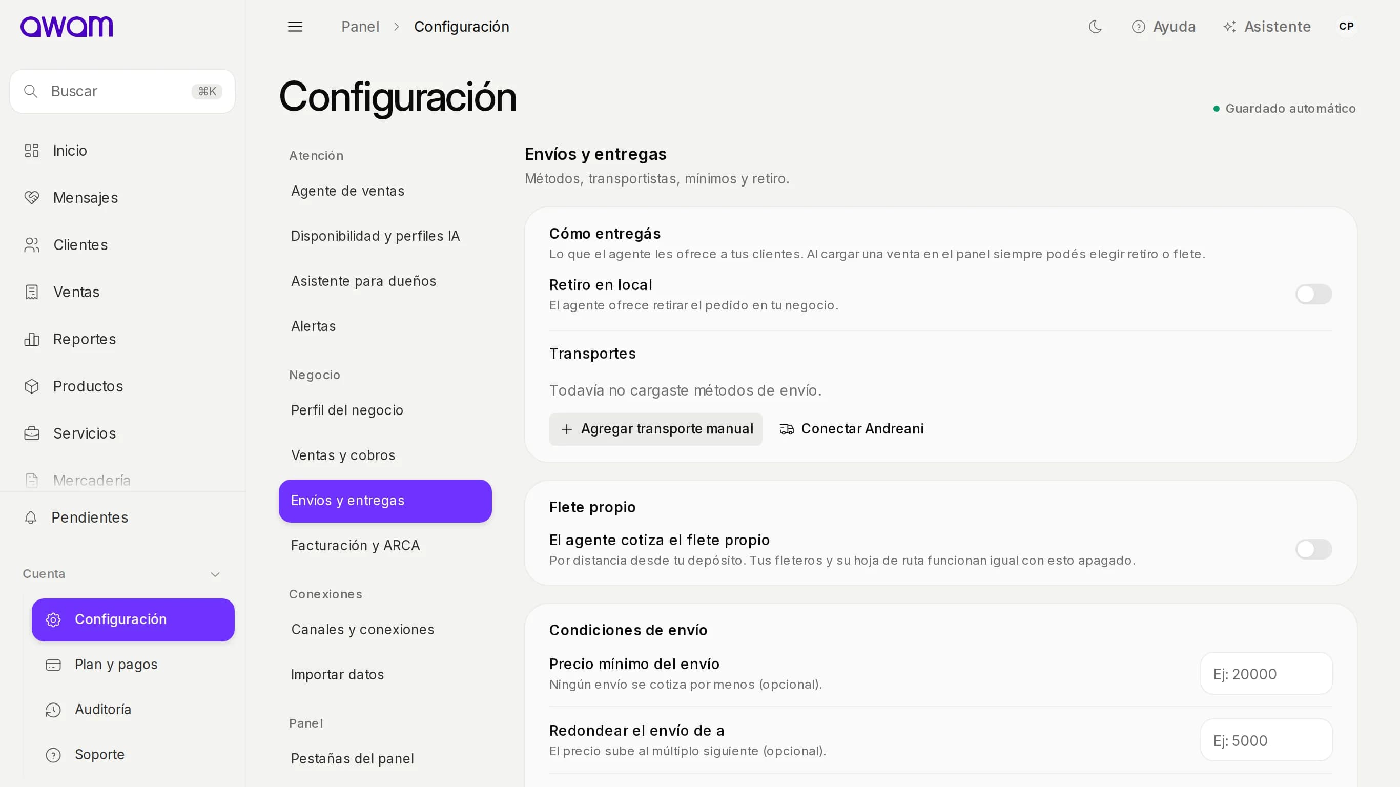 Envíos y entregas en Configuración