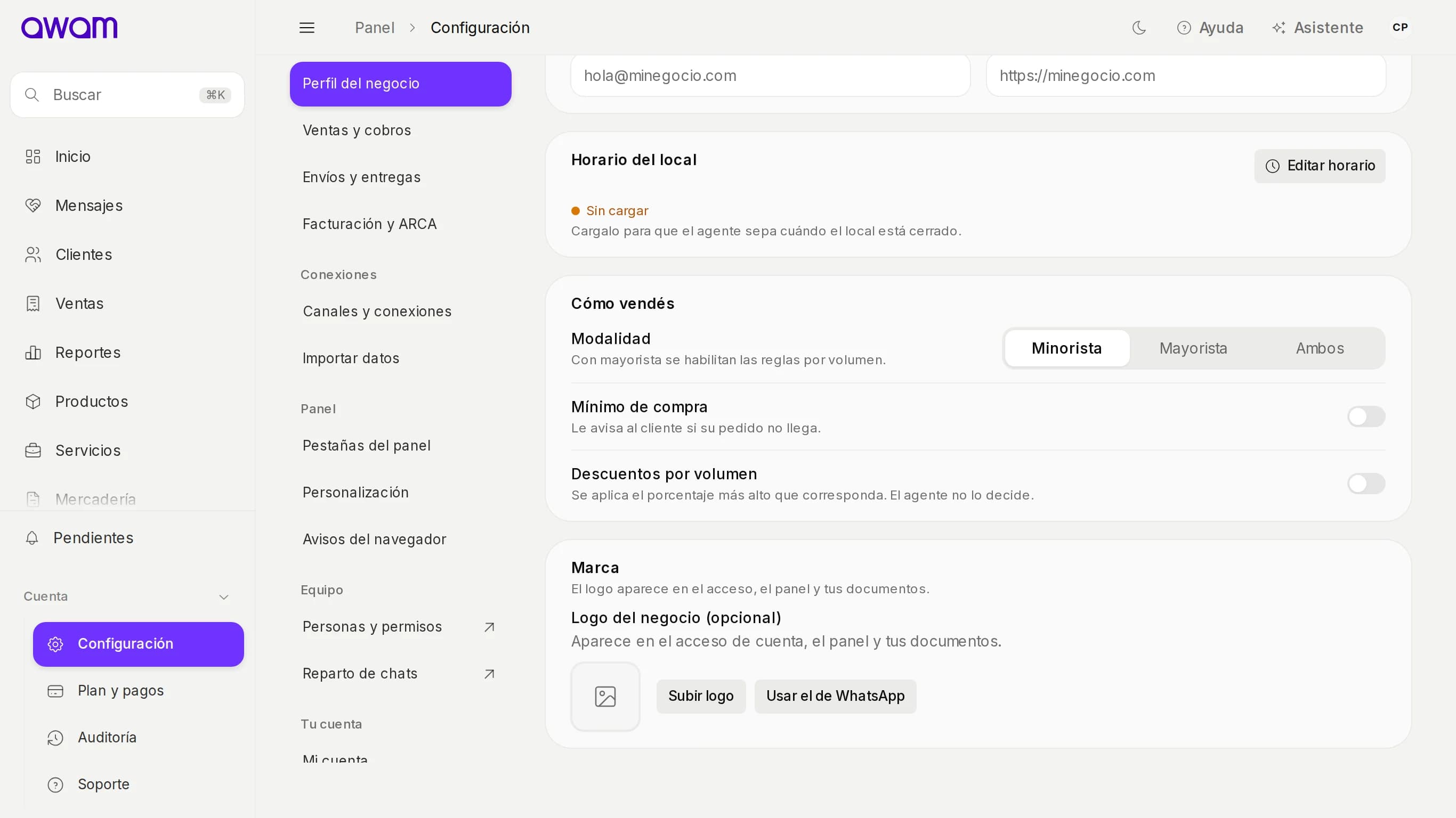Horario del local en el perfil del negocio