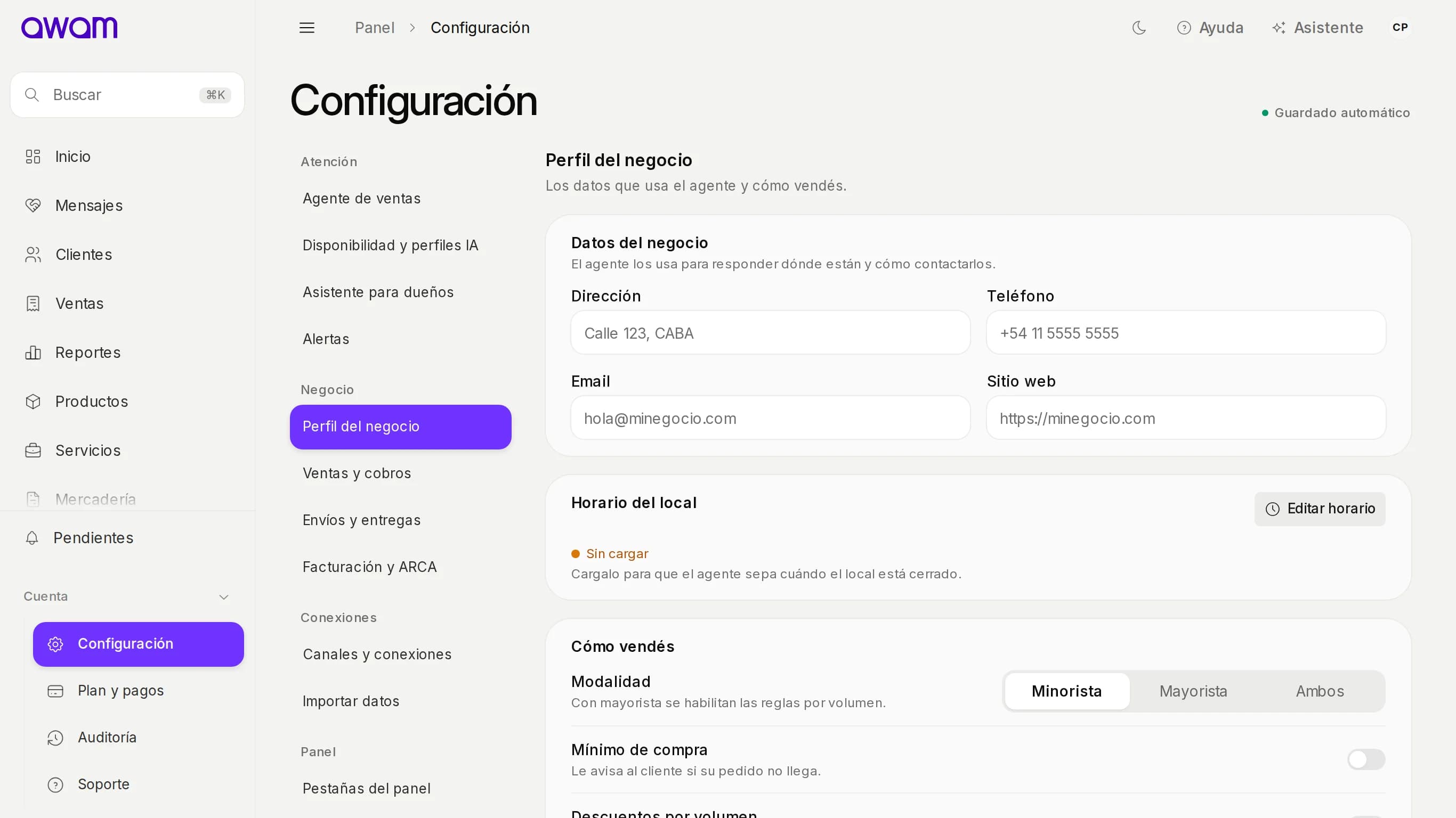 Perfil del negocio en Configuración