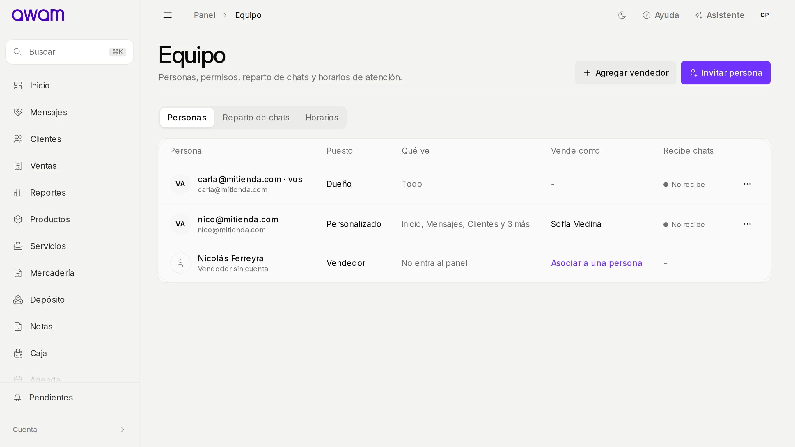 Equipo con cada persona, su puesto, qué ve y si recibe chats