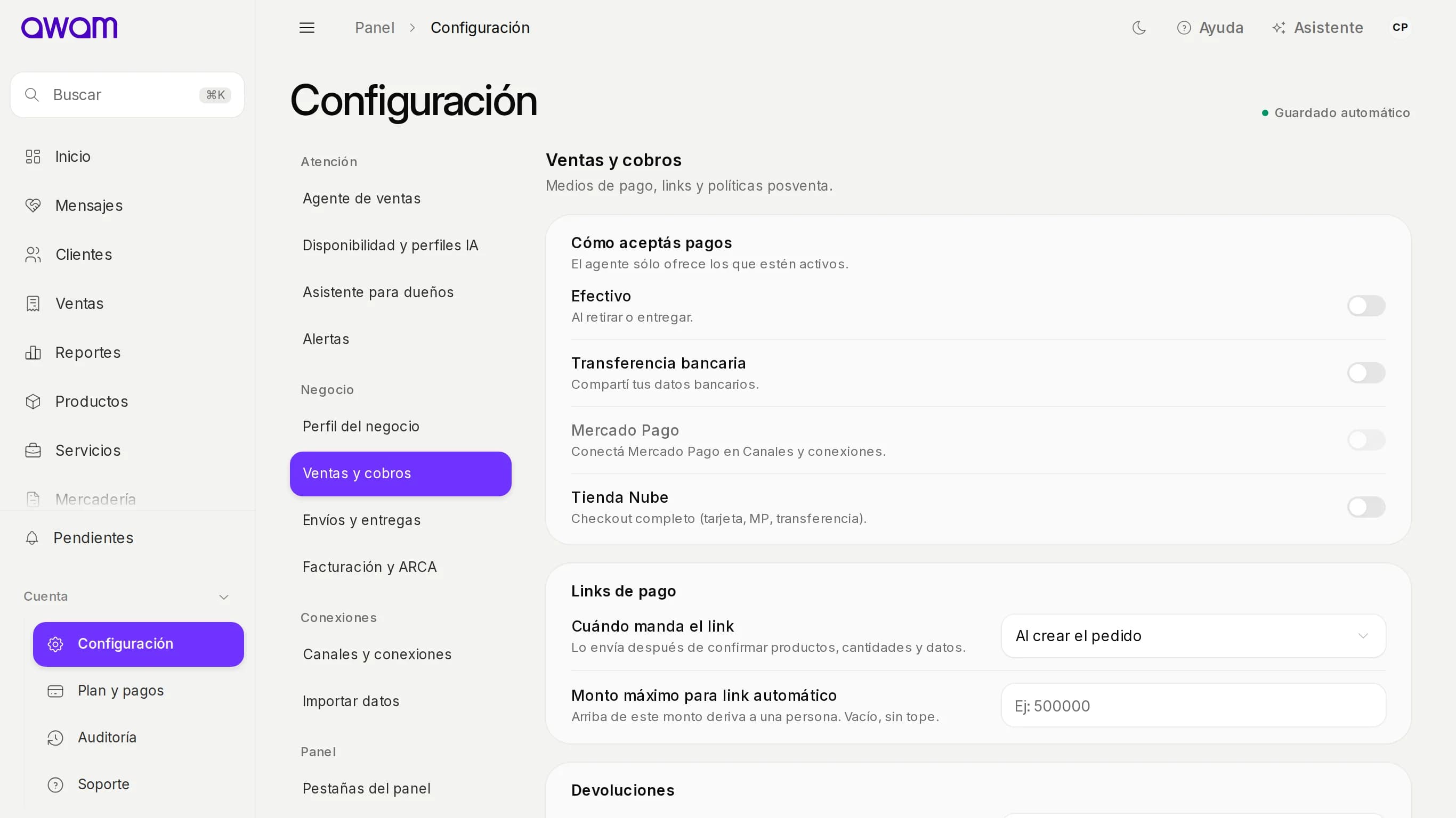 Ventas y cobros en Configuración