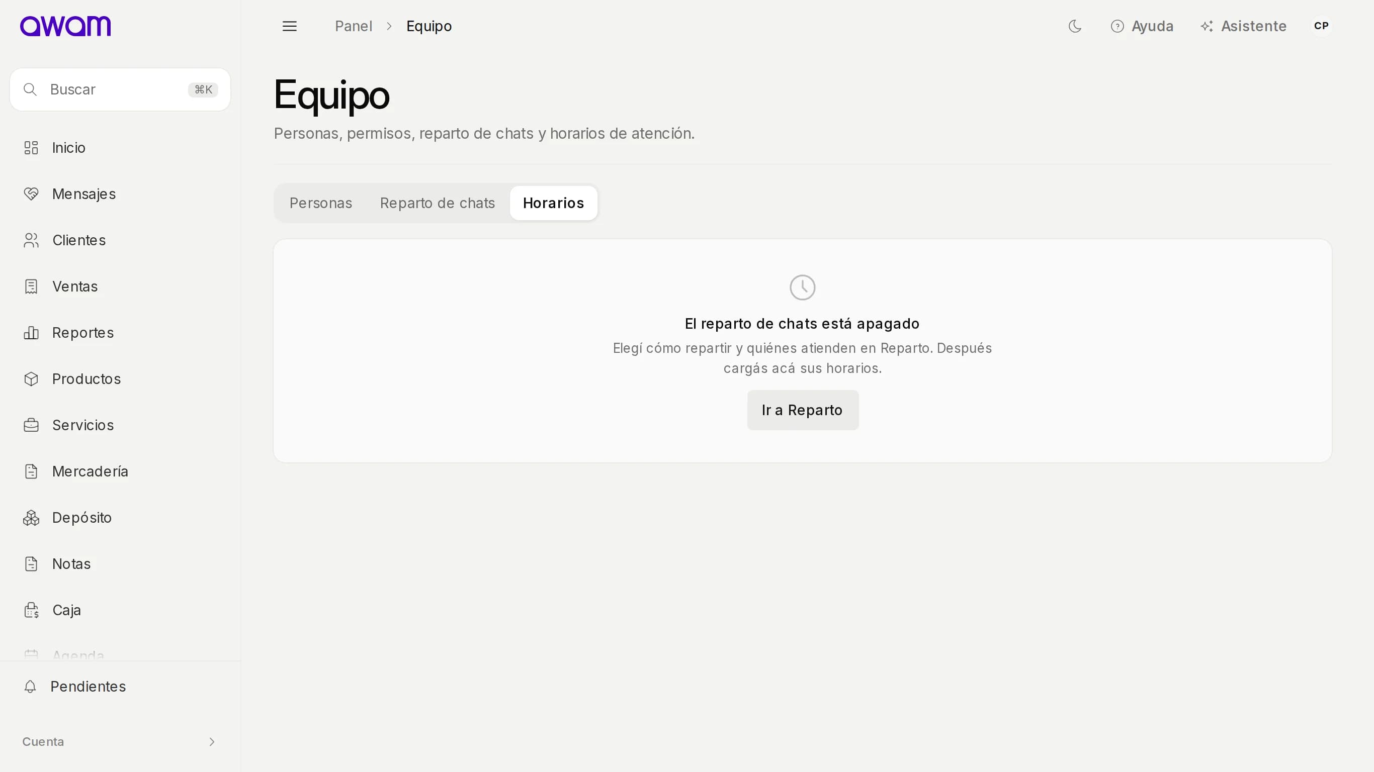 Horarios del equipo con el aviso de que el reparto de chats está apagado