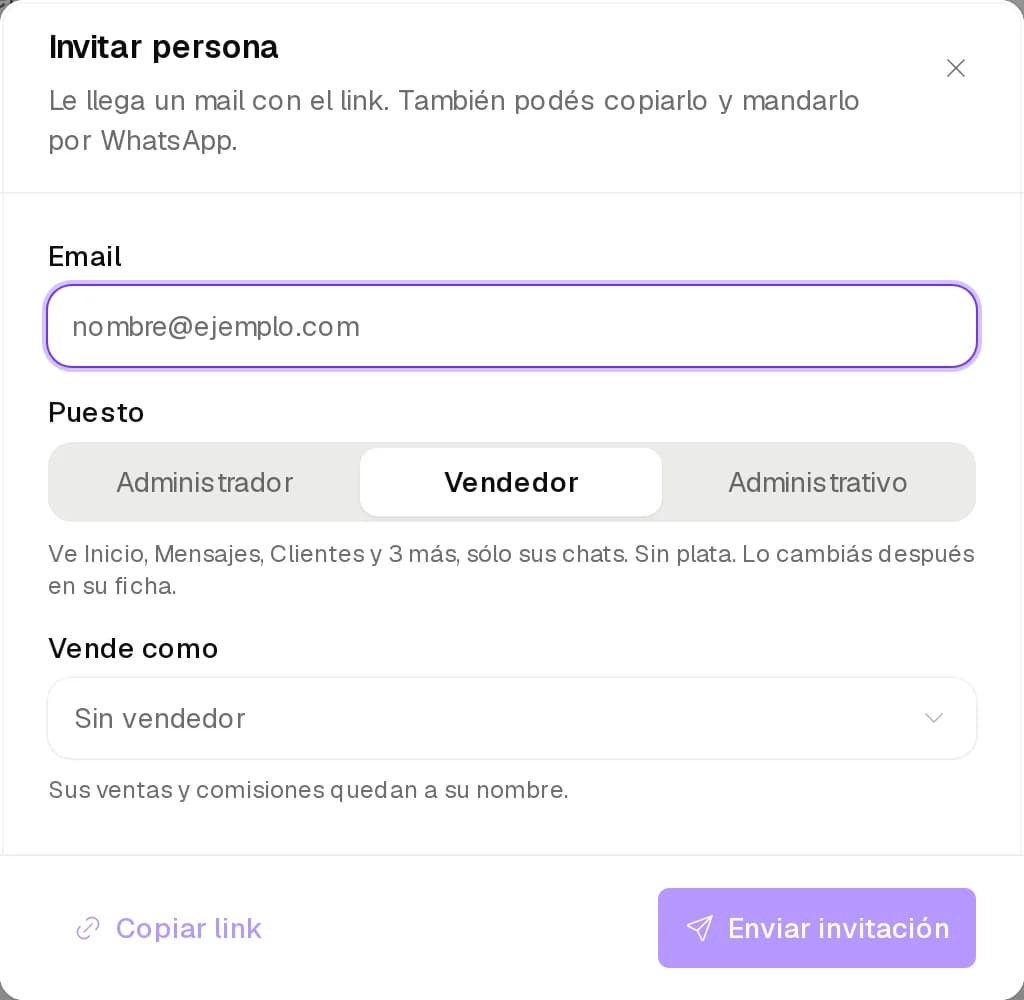 Diálogo Invitar persona con Email, Puesto y Vende como