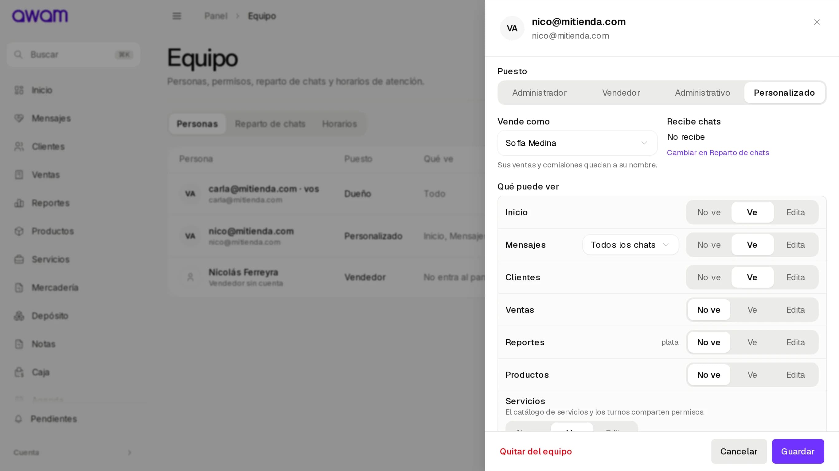 Ficha de una persona del equipo con Puesto, Vende como, Recibe chats y Qué puede ver