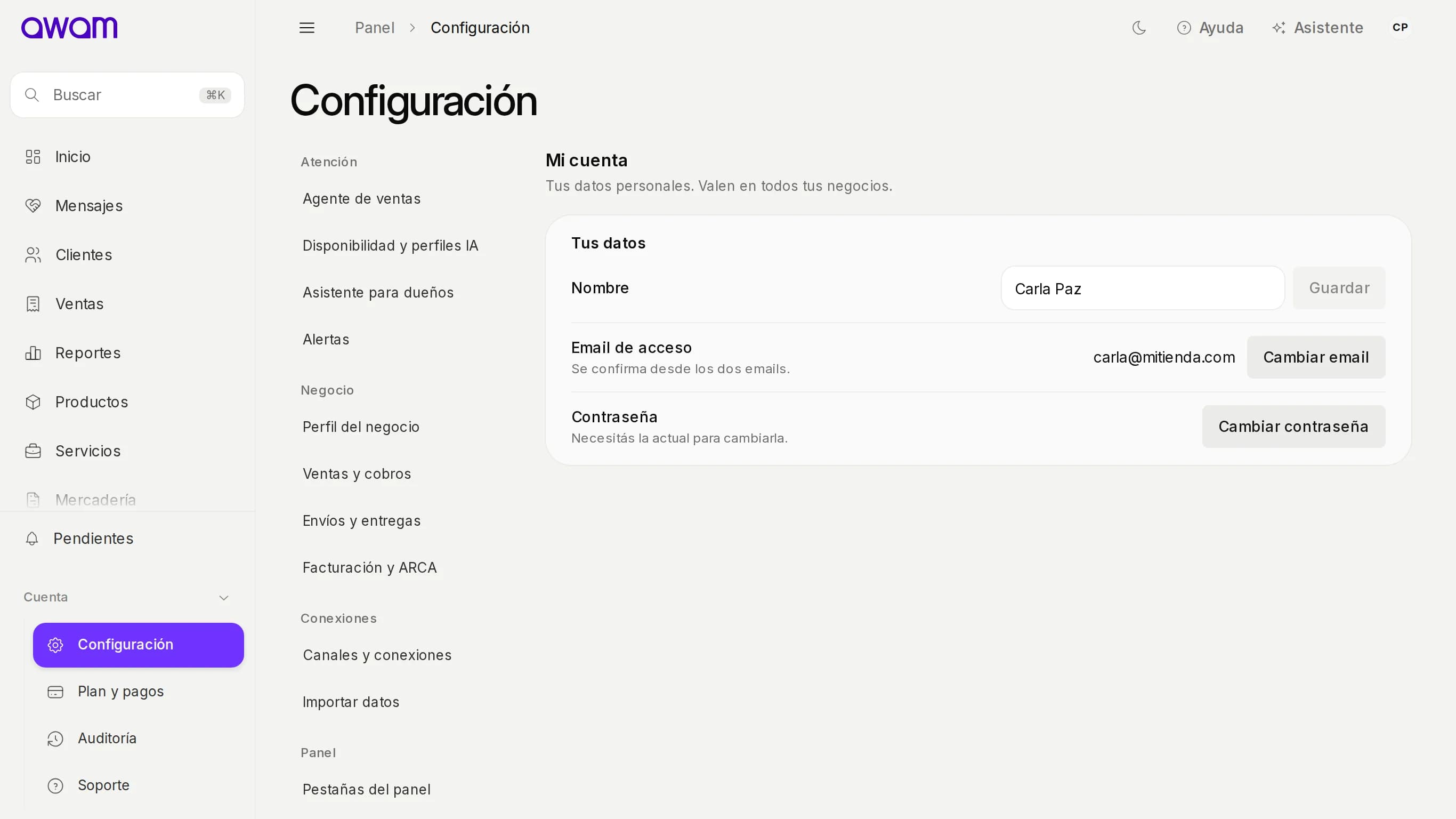Mi cuenta con el nombre, Cambiar email y Cambiar contraseña