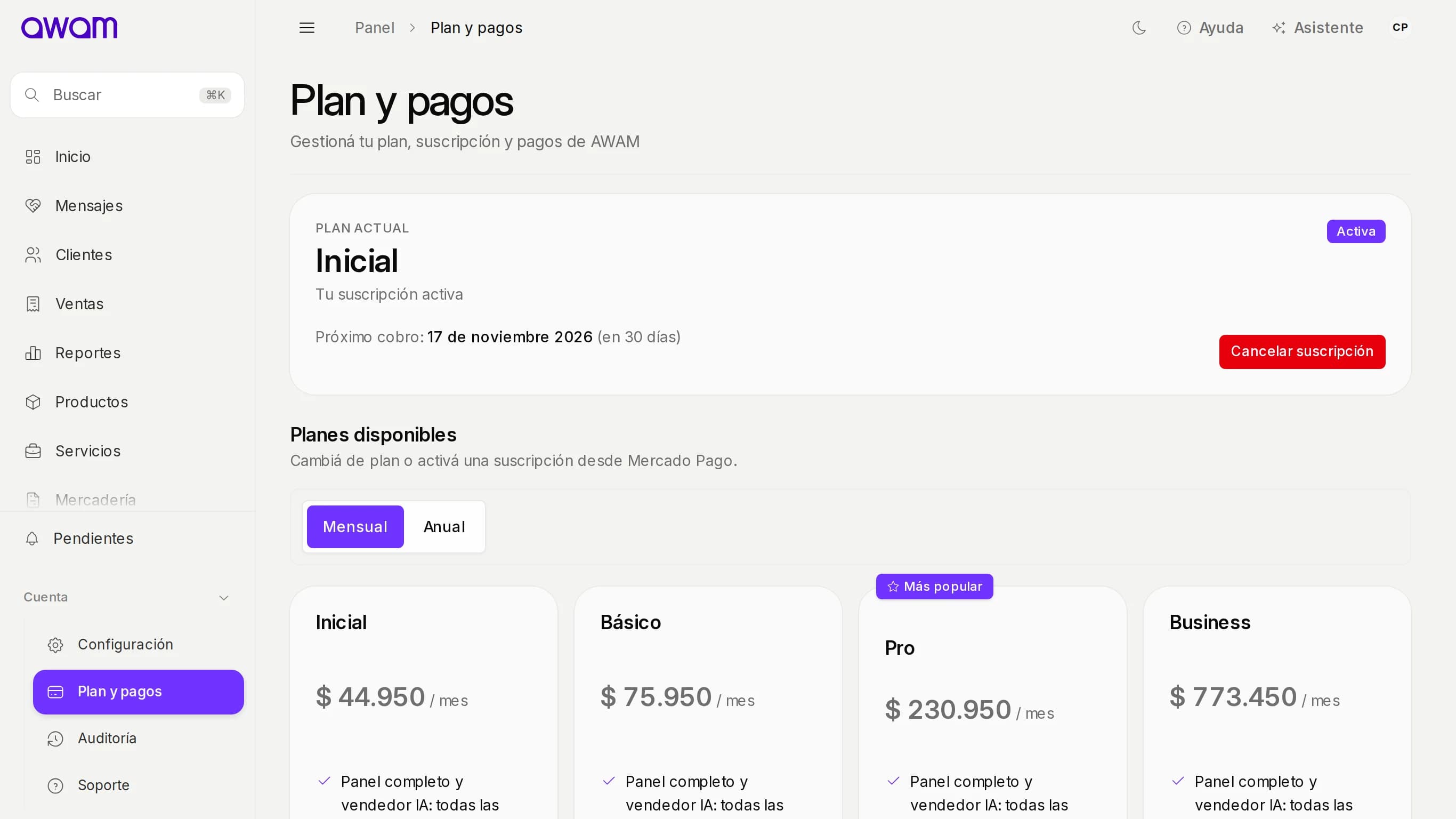 Plan y pagos con el plan actual y los planes disponibles