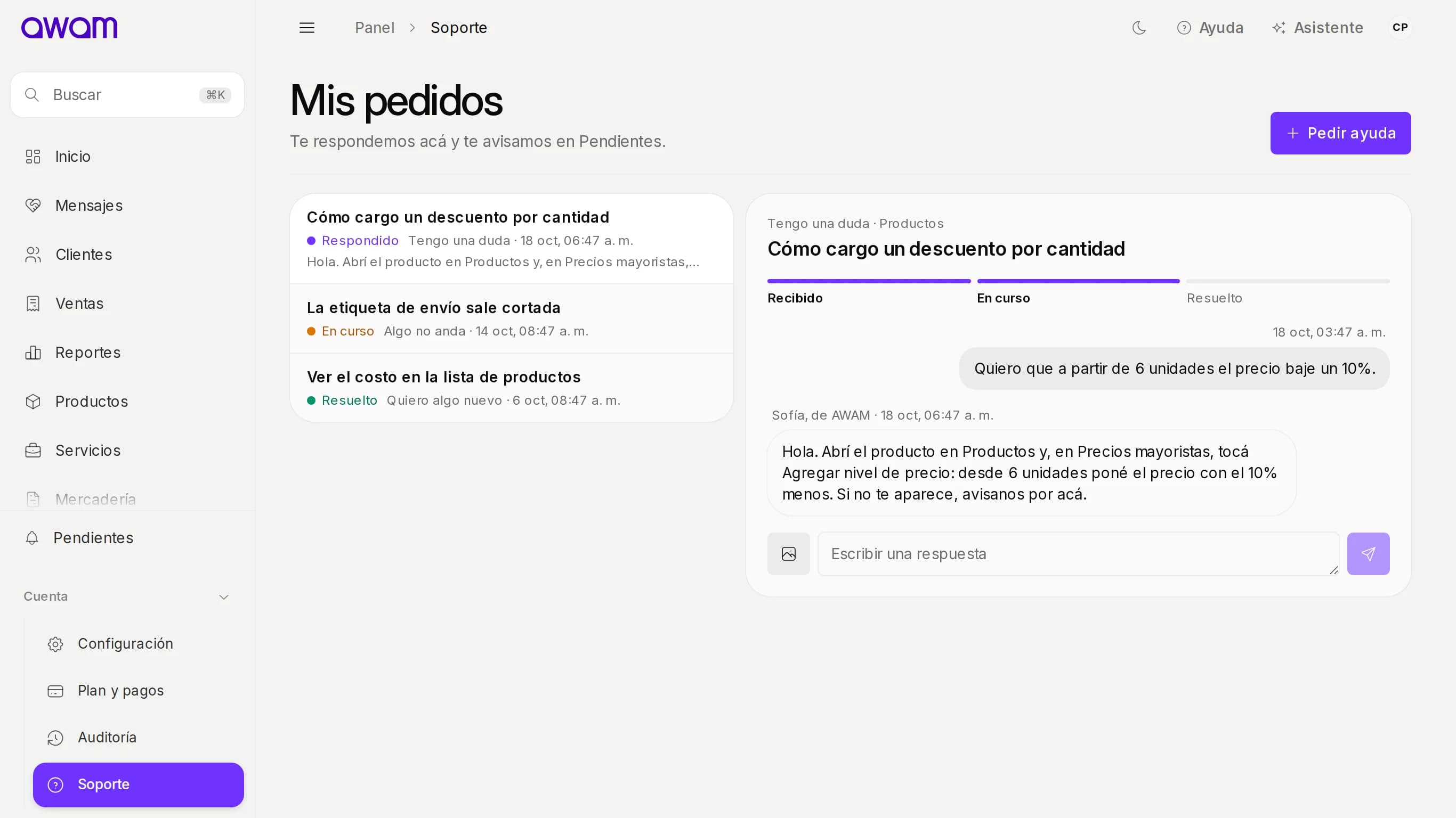 Mis pedidos con la lista y un pedido abierto con la respuesta del equipo