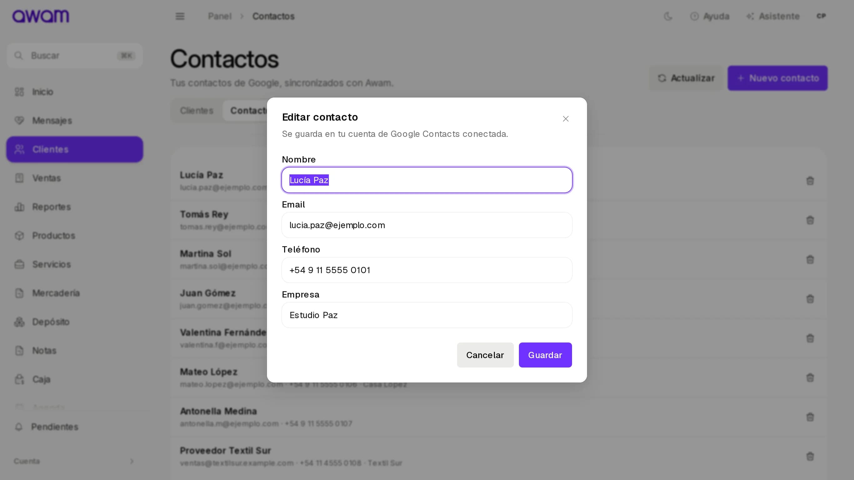 Formulario Editar contacto con nombre, email, teléfono y empresa