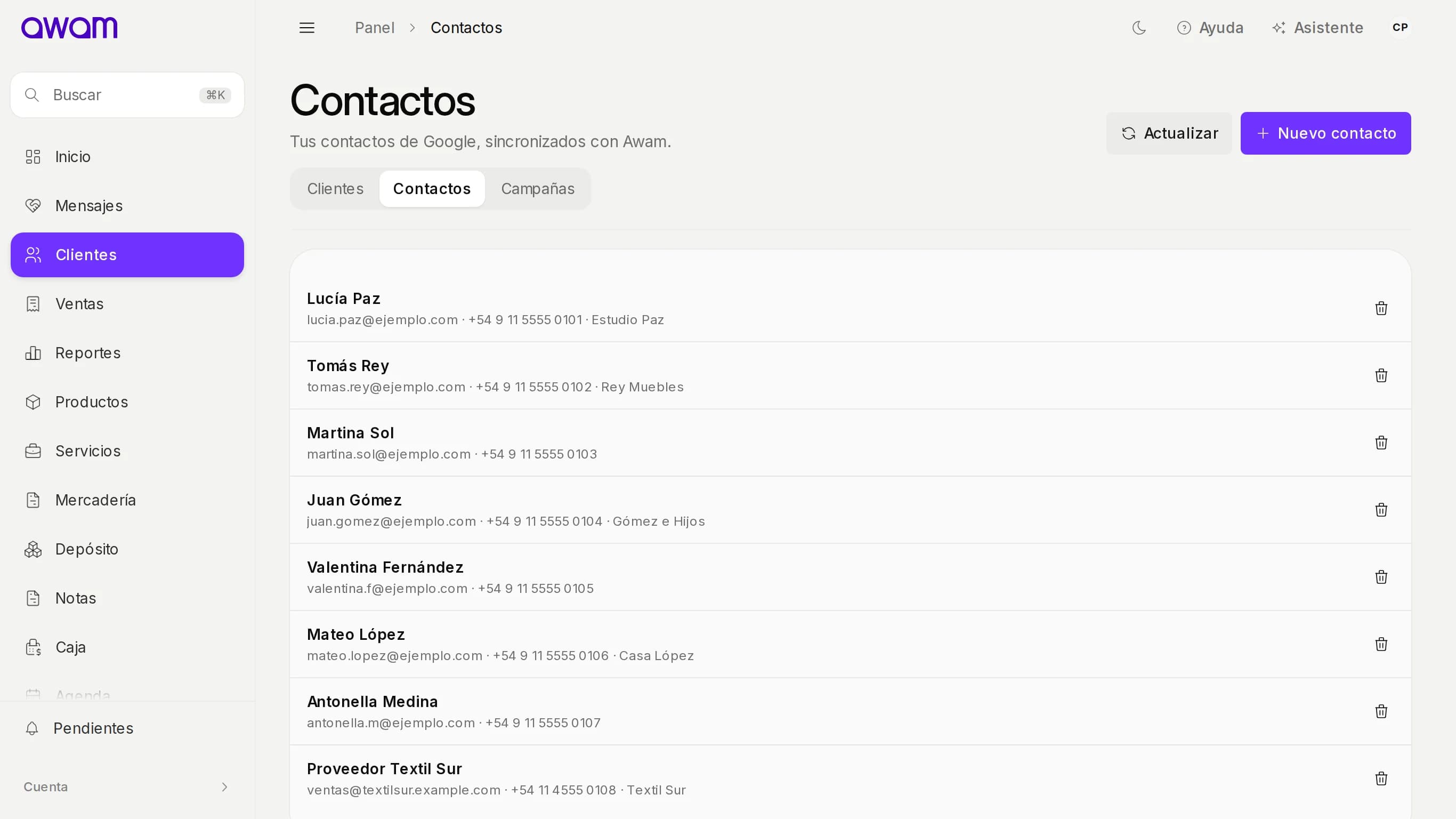 Contactos con la lista de la libreta de Google