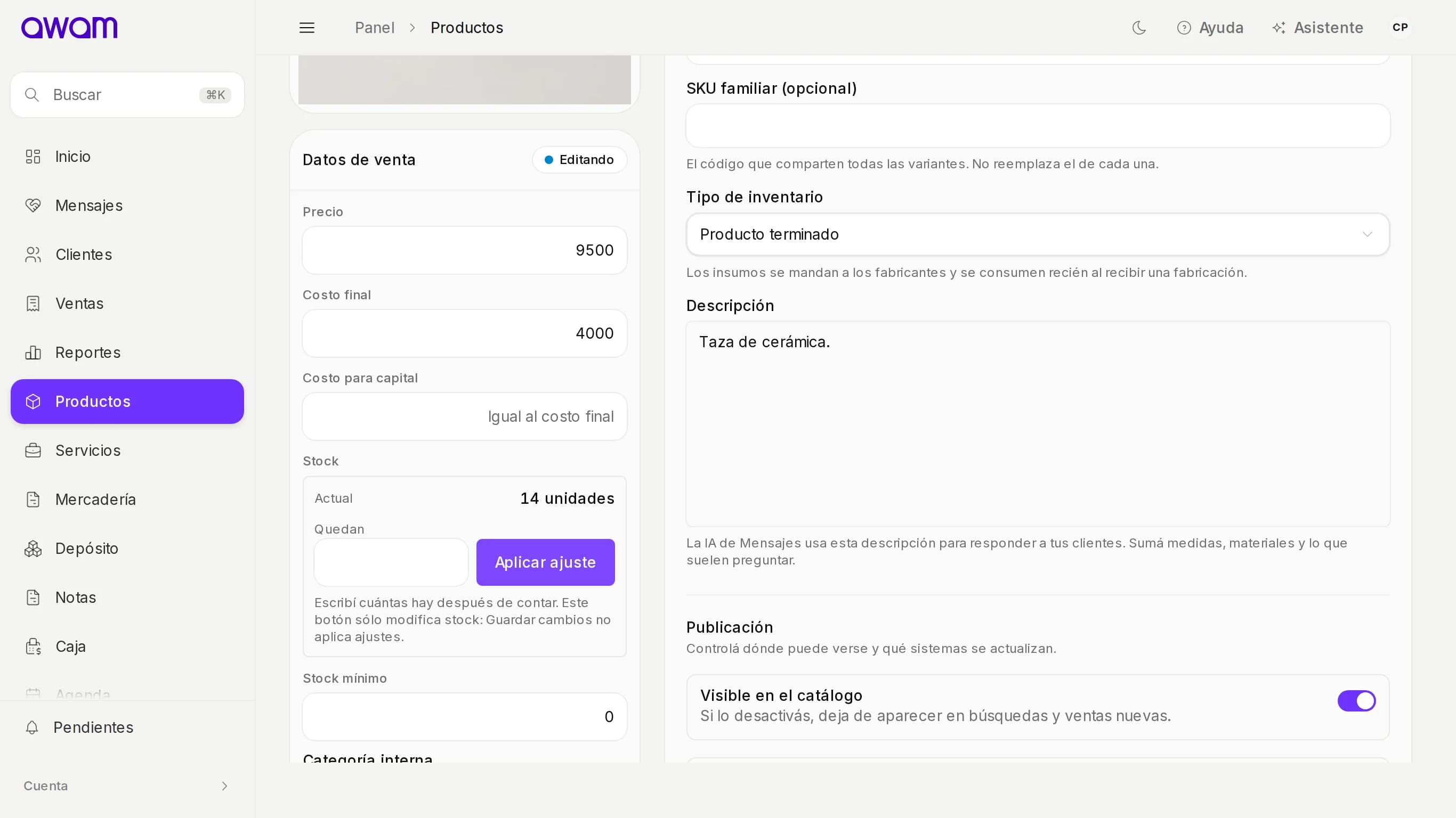 Ficha de un producto sin variantes con Datos de venta en edición: stock Actual, Quedan y Aplicar ajuste
