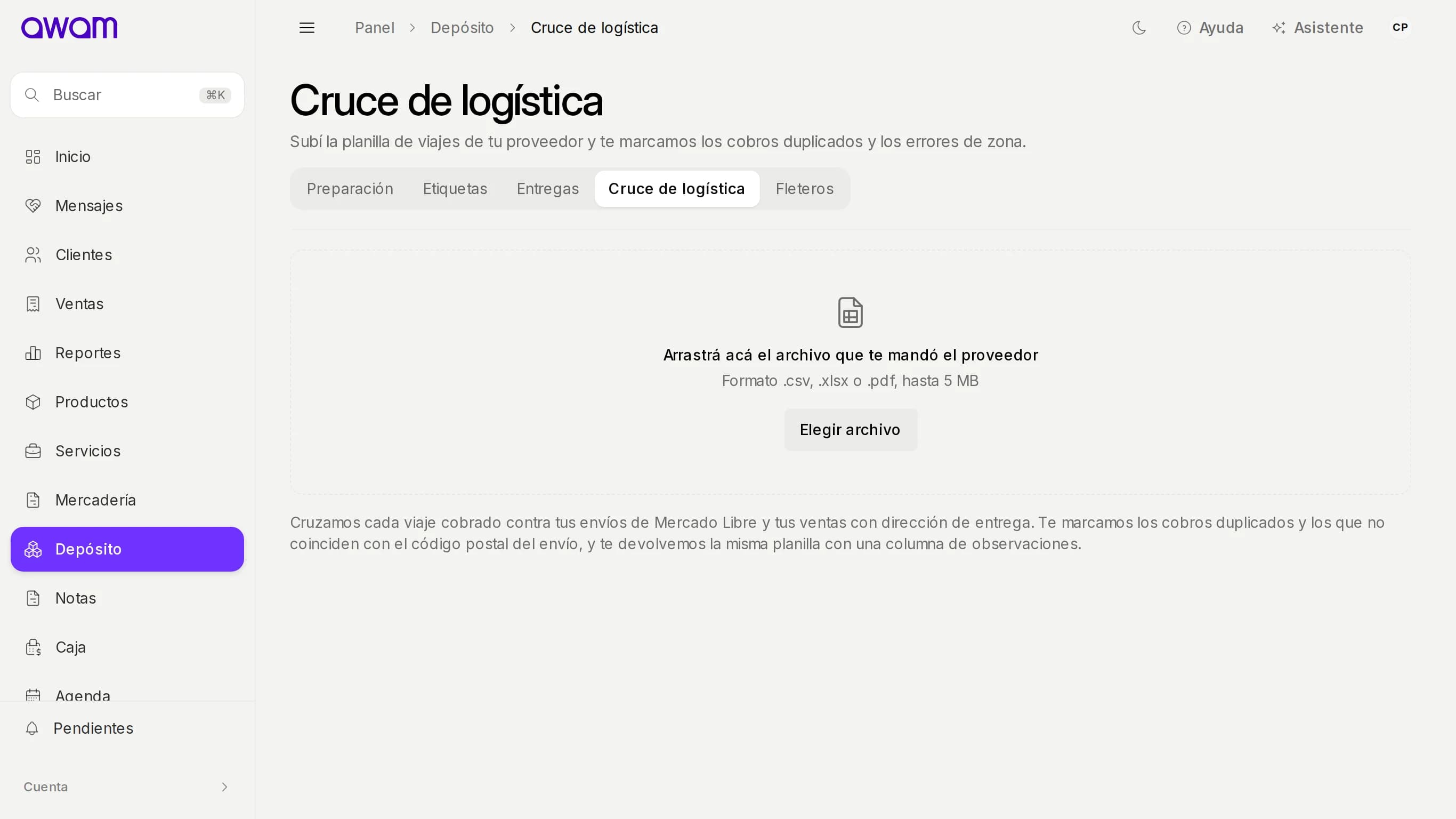 Cruce de logística con el lugar para subir la planilla