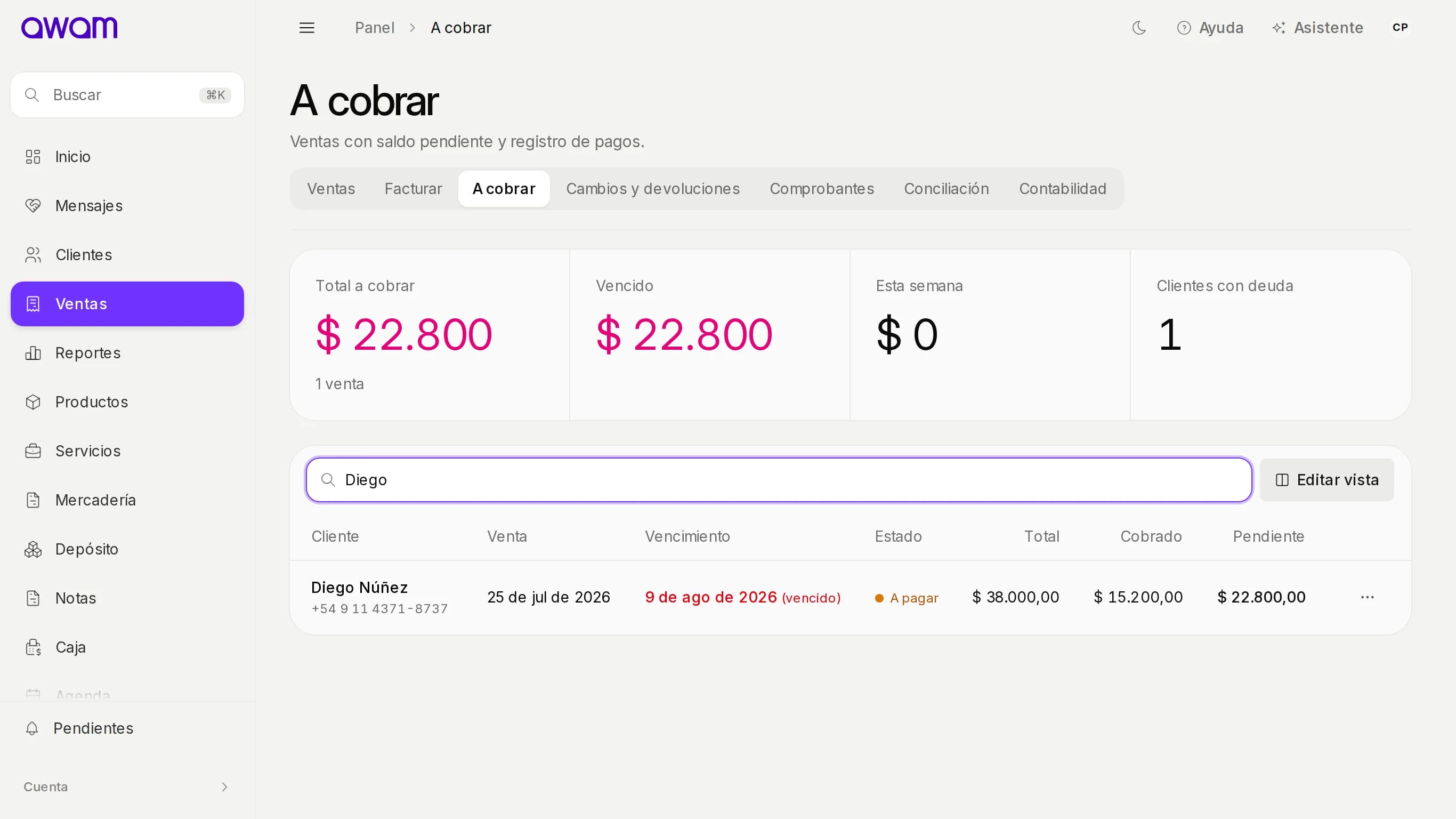 A cobrar filtrado por el nombre de un cliente