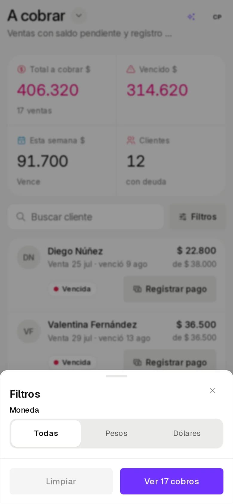Filtros de A cobrar en un celular con la moneda