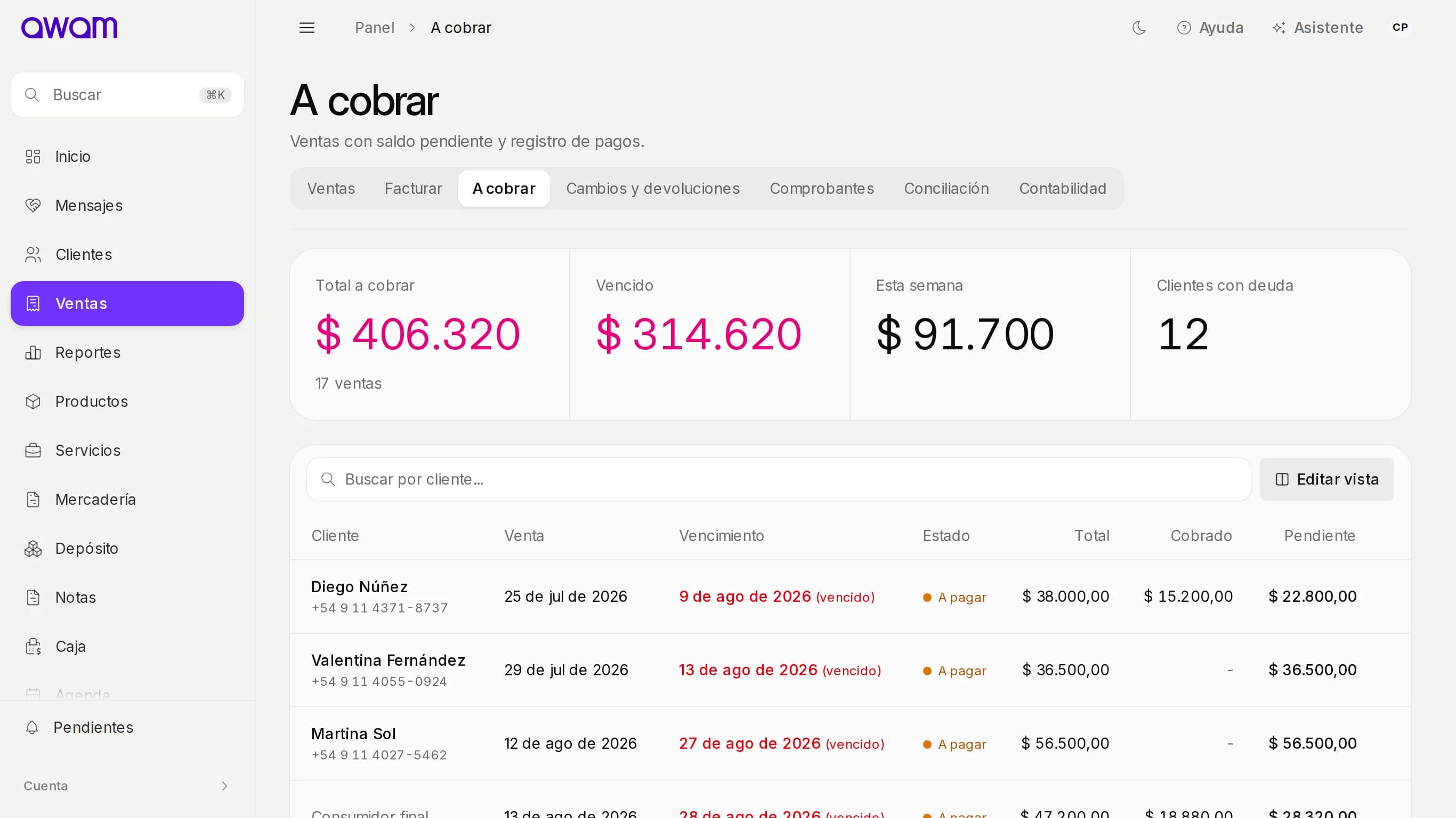 Ventas con saldo pendiente en A cobrar