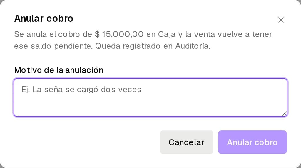Anular cobro con el motivo de la anulación